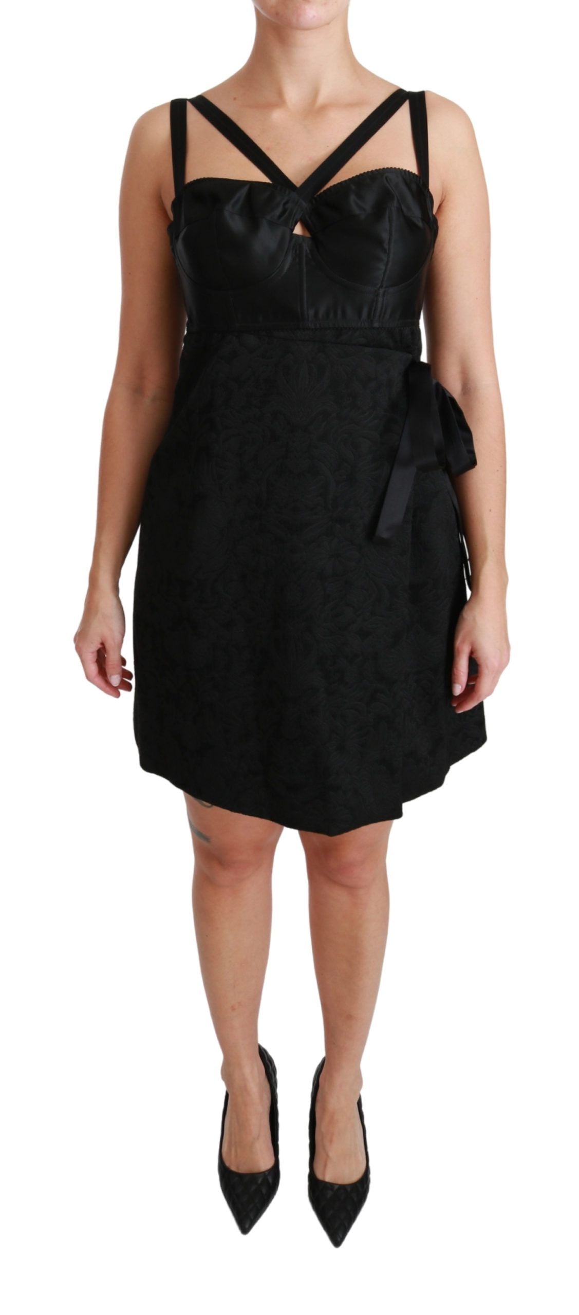 Zwarte stretch satijnen jacquard mini-jurk