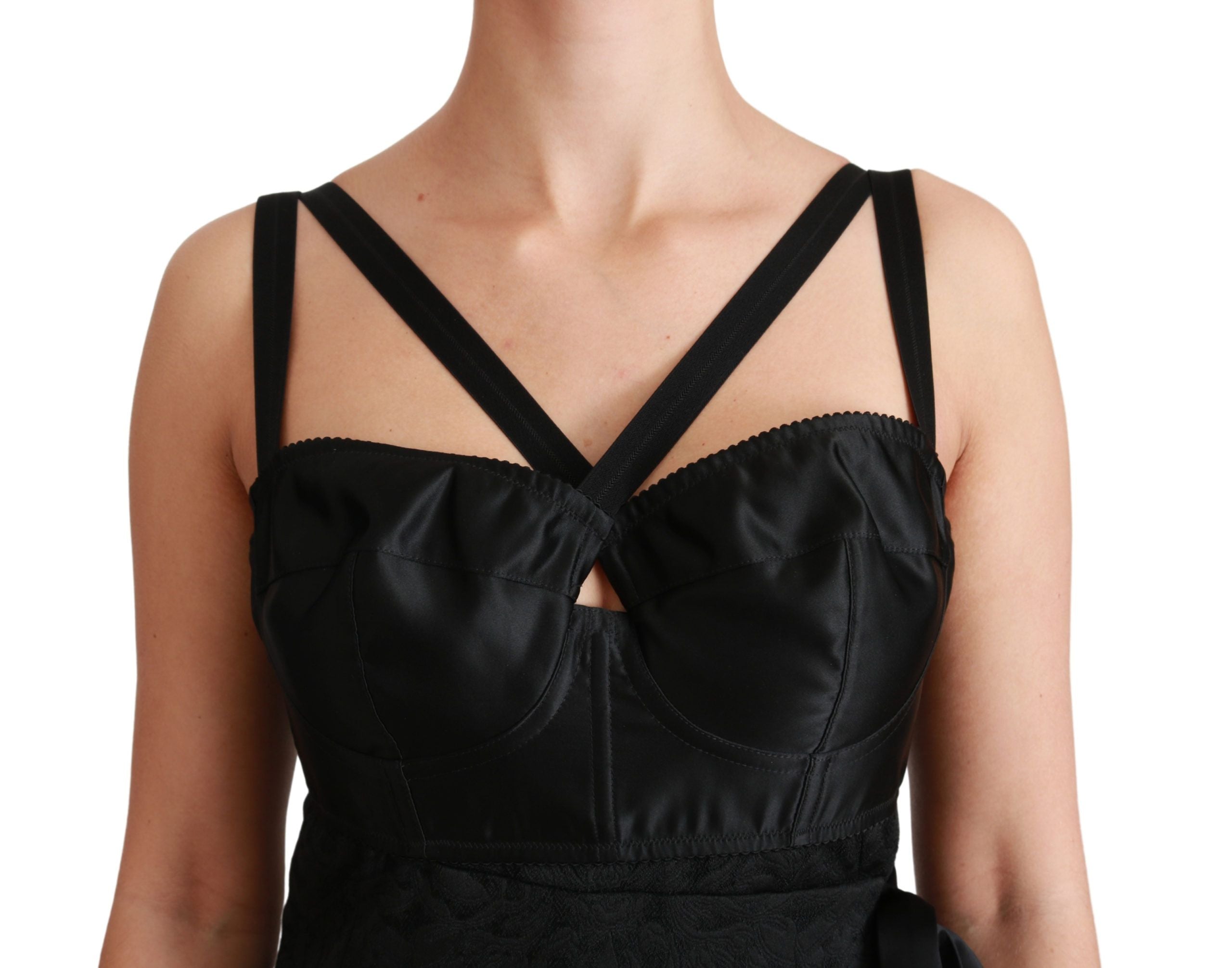 Zwarte stretch satijnen jacquard mini-jurk