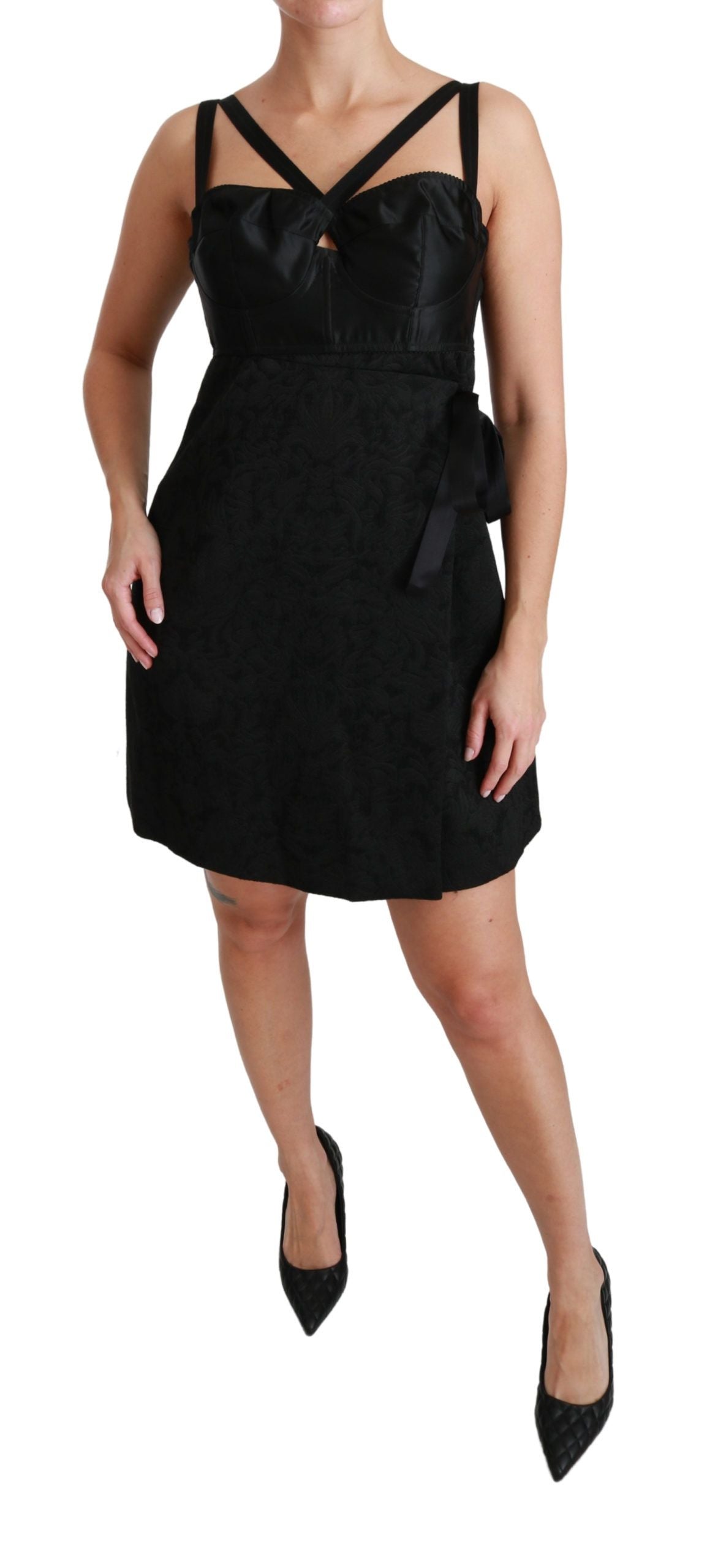 Zwarte stretch satijnen jacquard mini-jurk