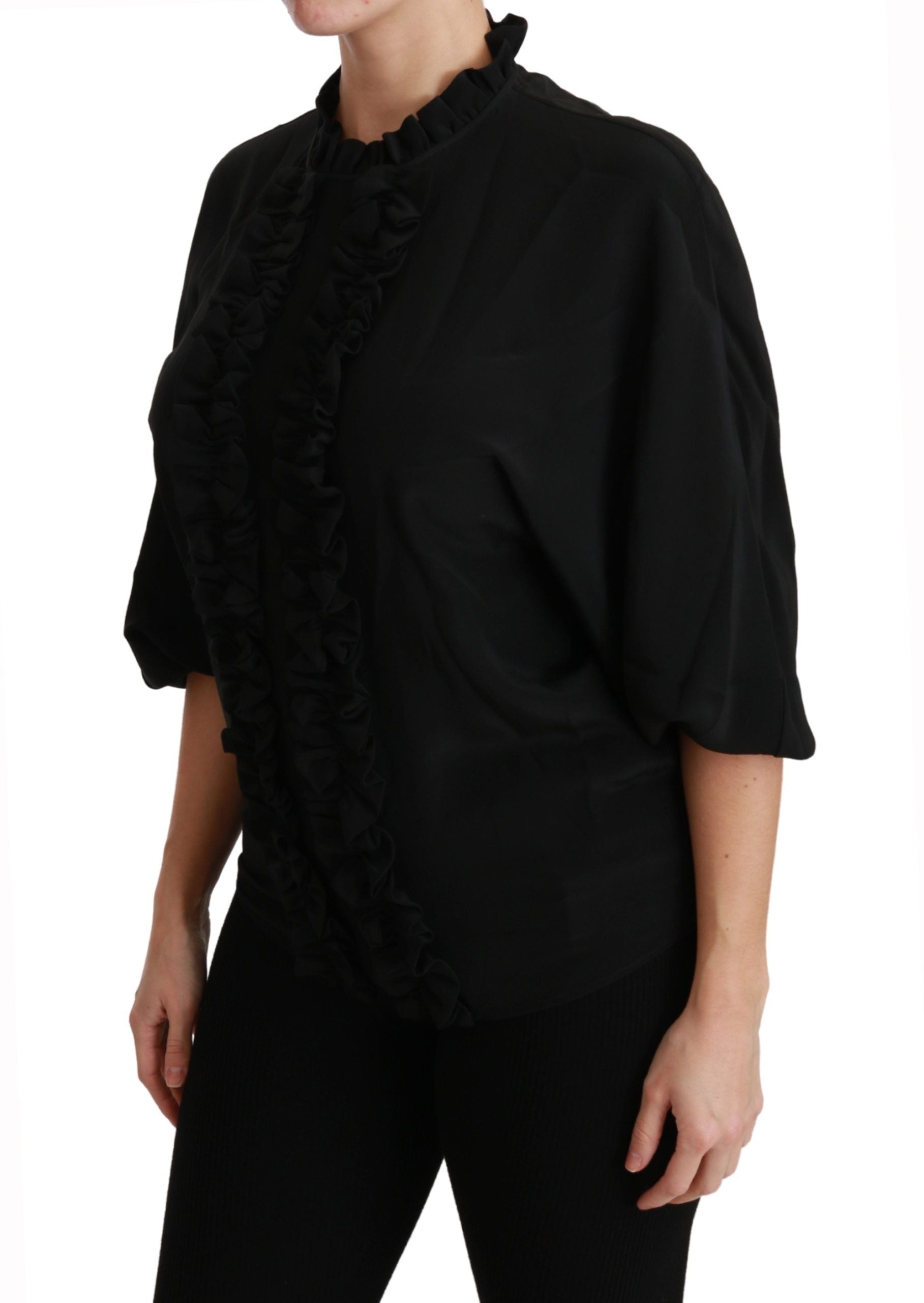 Zwarte zijden blouse met geplooide top