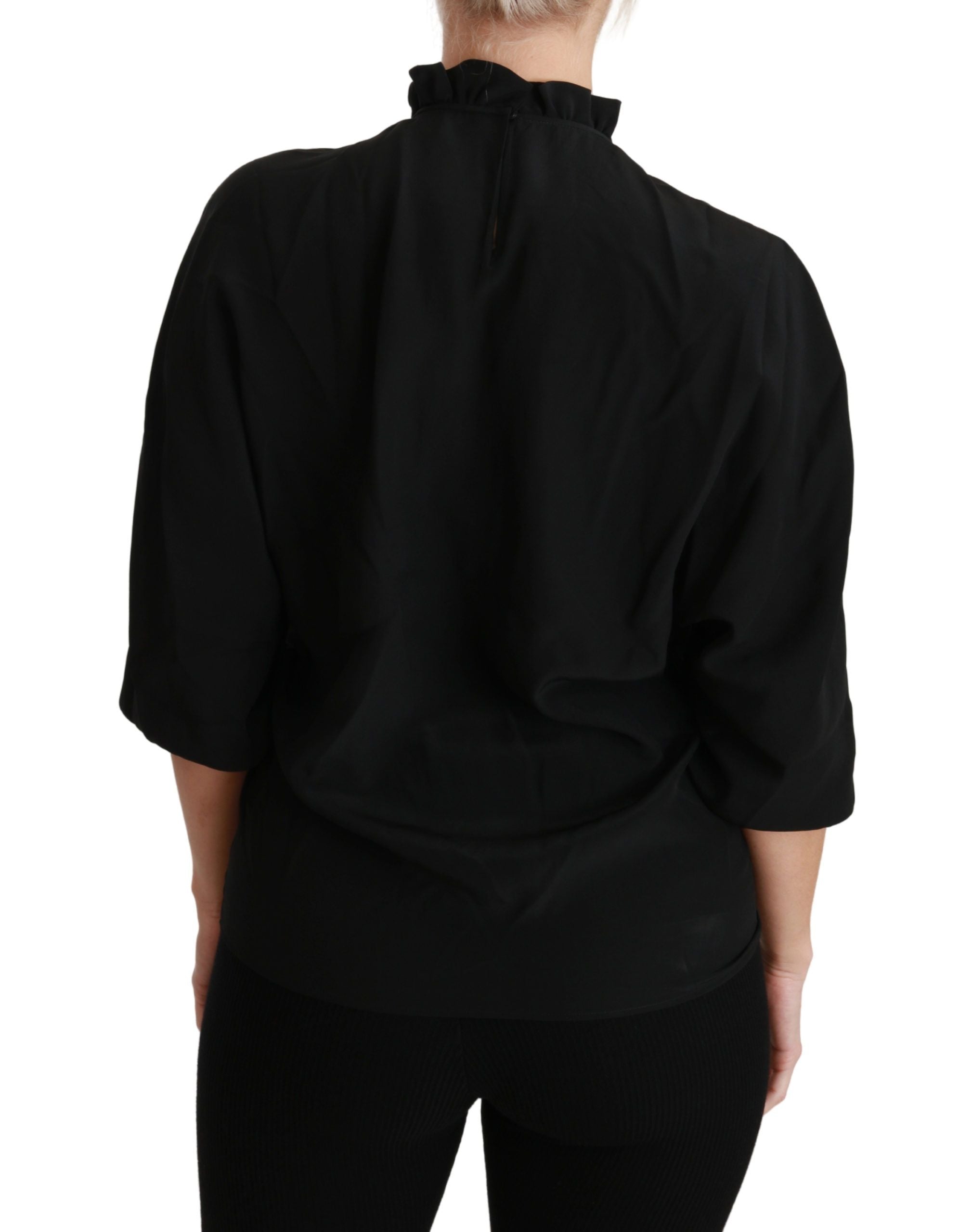 Zwarte zijden blouse met geplooide top
