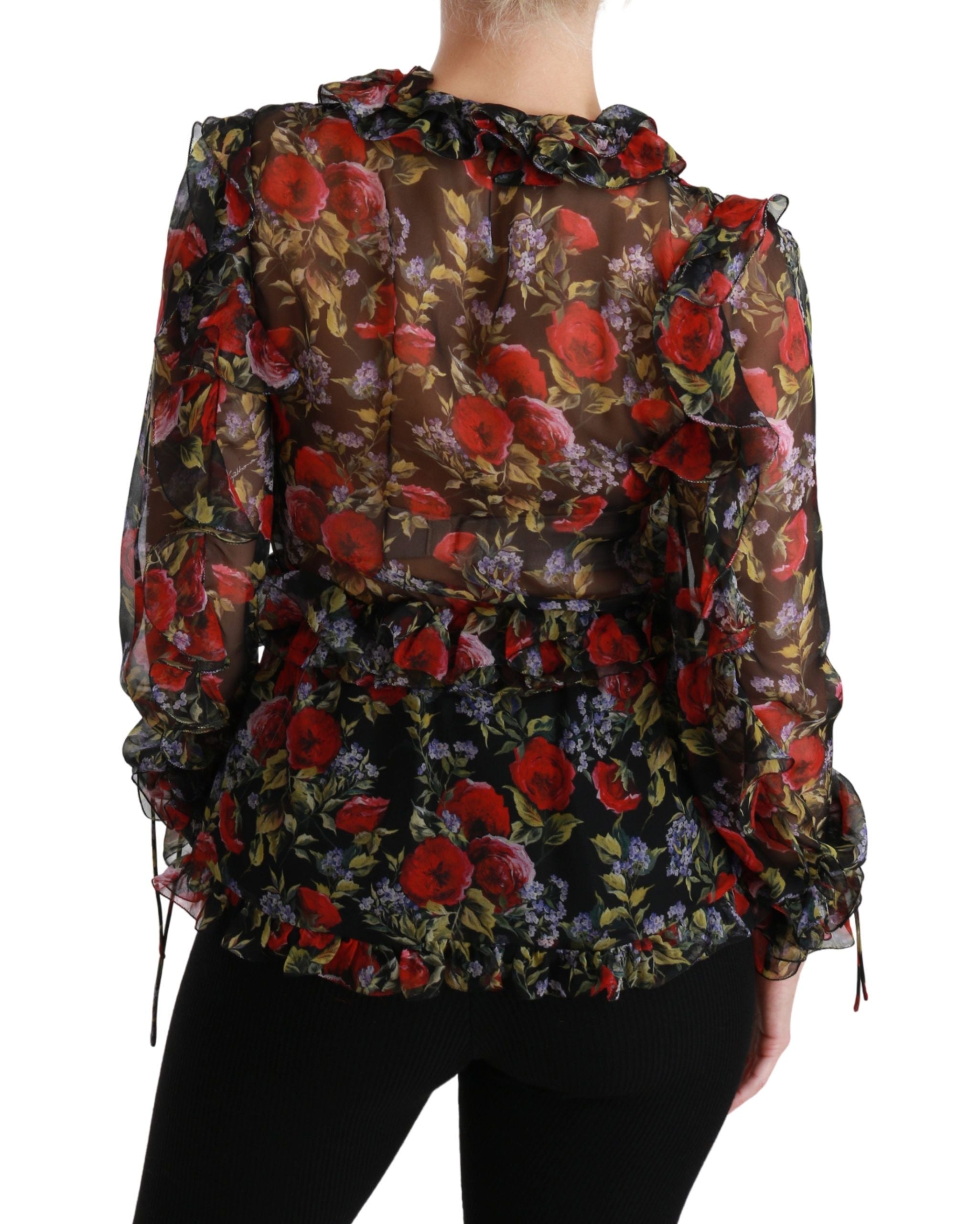Zwarte zijden top met bloemenprint en rozen