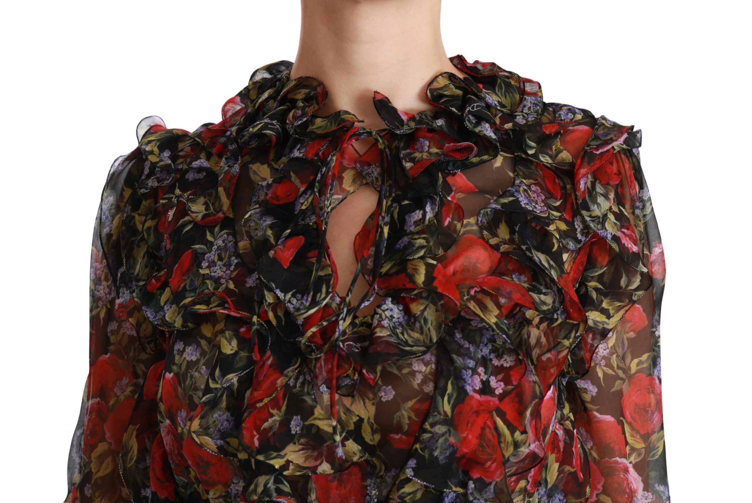 Zwarte zijden top met bloemenprint en rozen