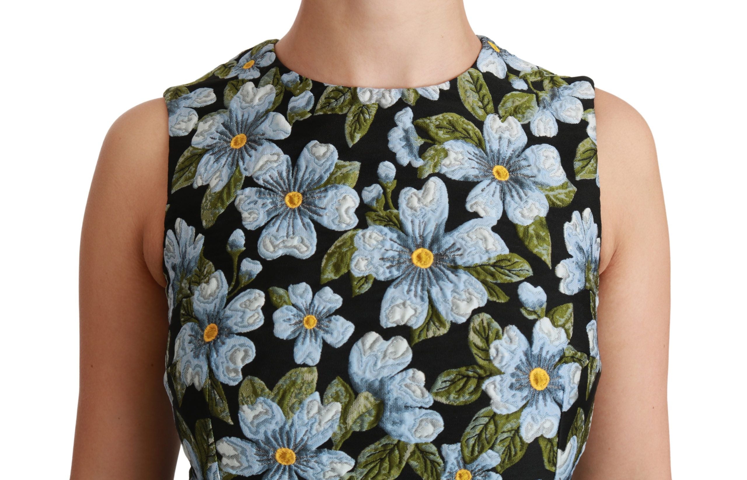 Blauwe bloemen brokaat shiftjurk