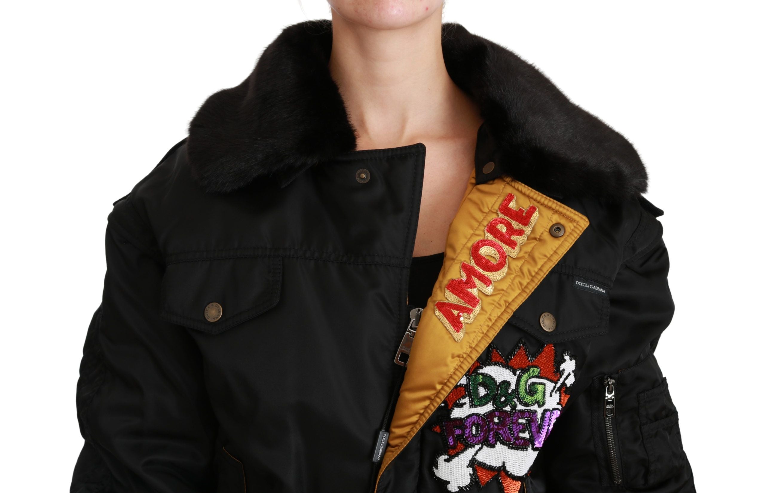 Zwarte bomberjack met Queen Crown-pailletten