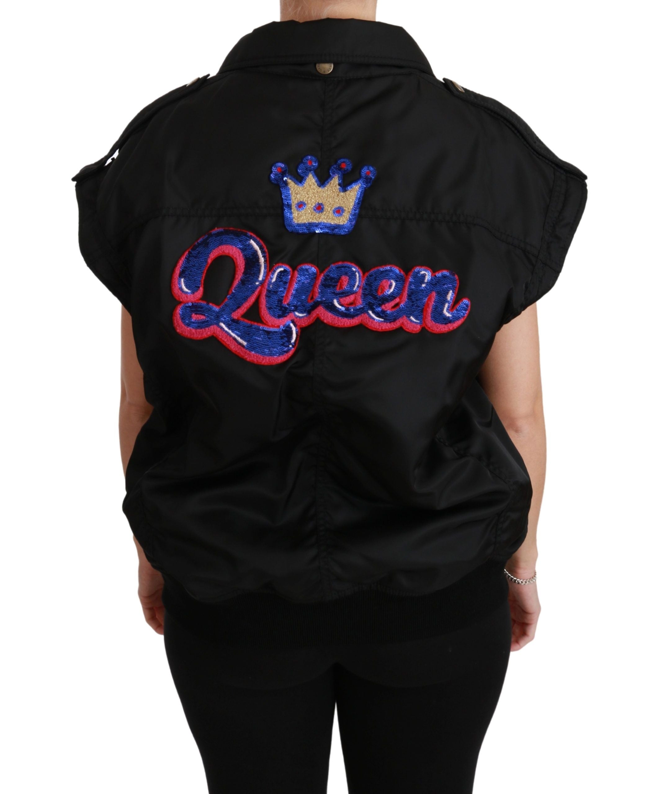 Zwarte bomberjack met Queen Crown-pailletten
