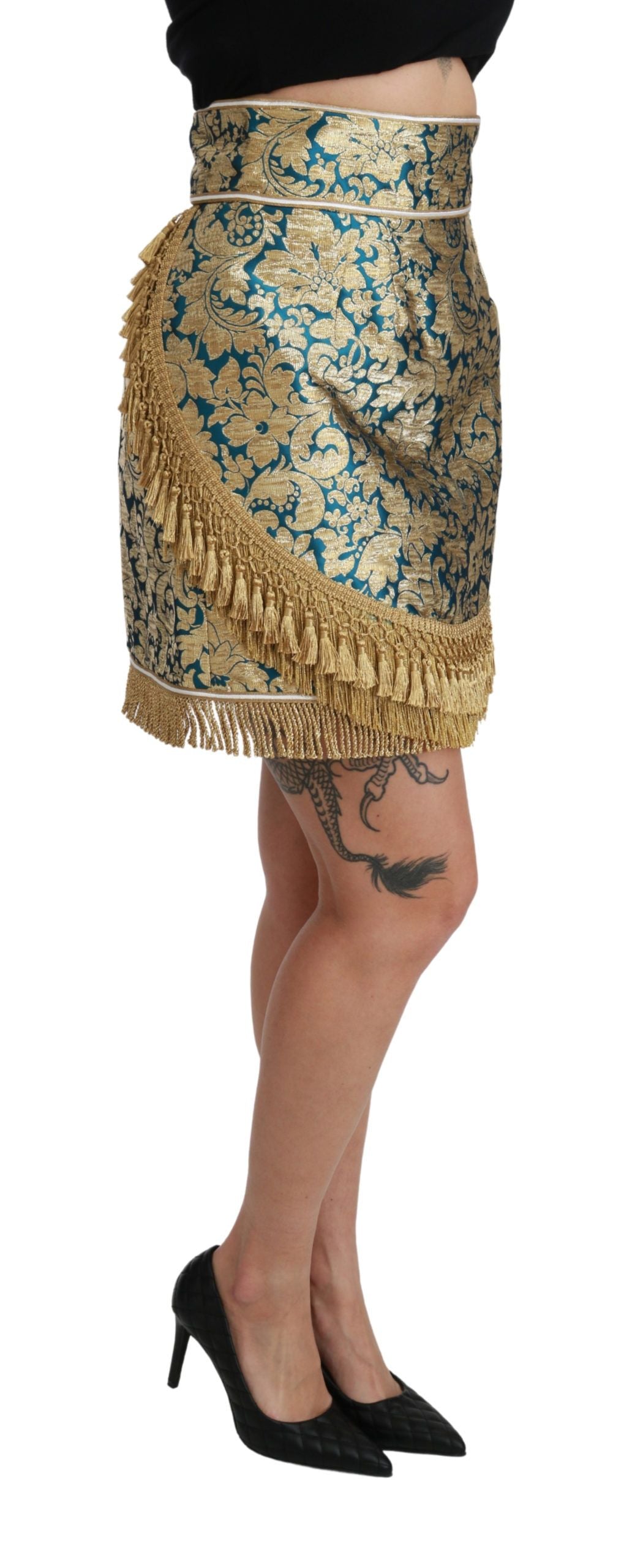 Blauwe jacquard rok met hoge taille en kwastjes in goudkleur