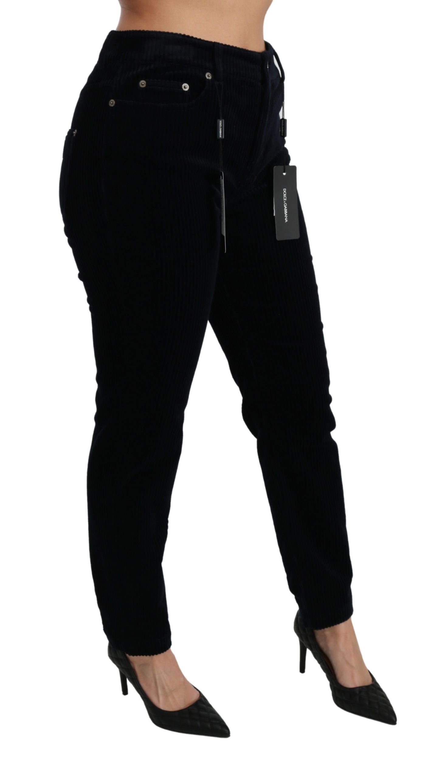 Blauwe corduroy skinny broek met middelhoge taille
