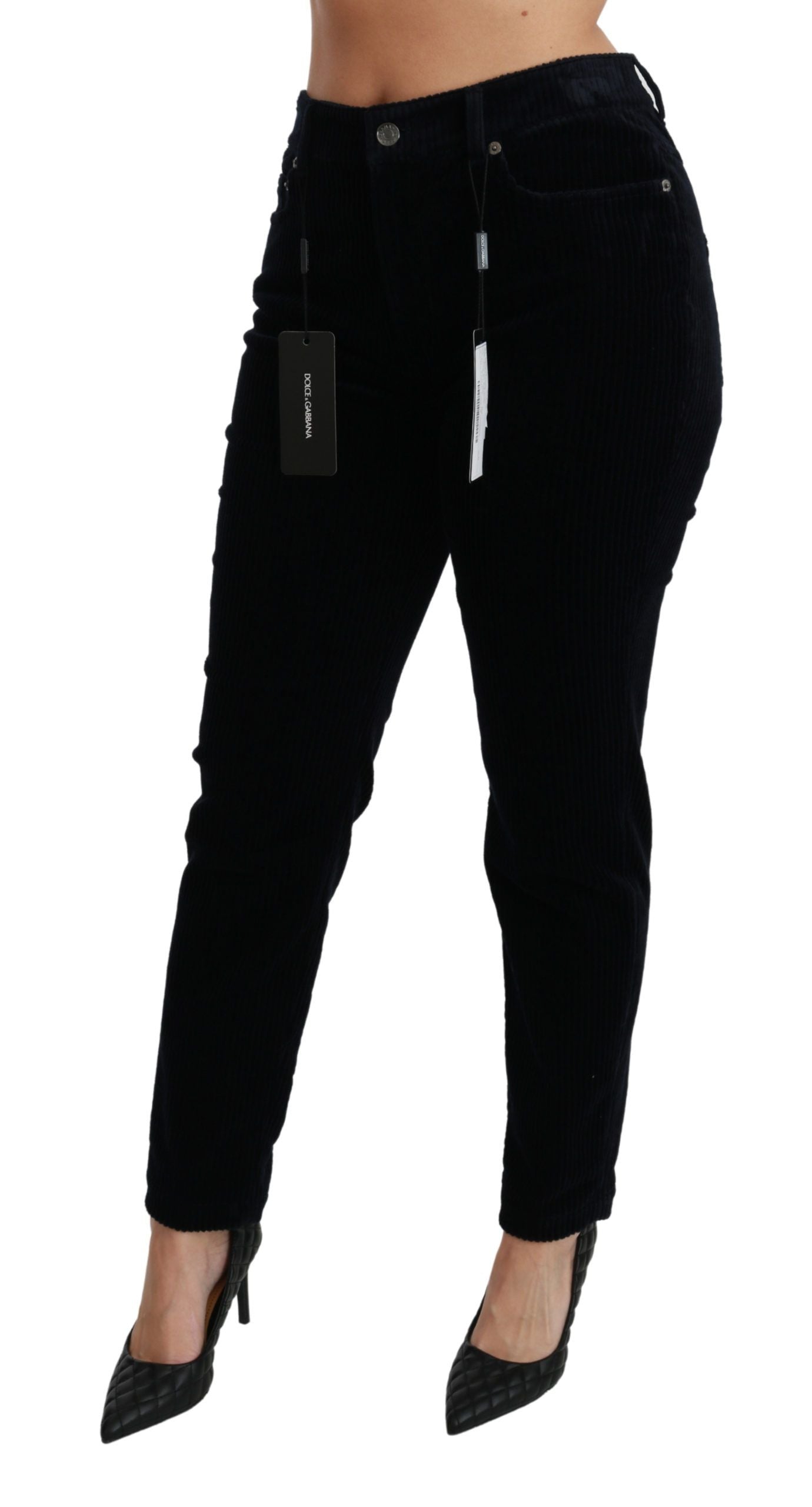 Blauwe corduroy skinny broek met middelhoge taille