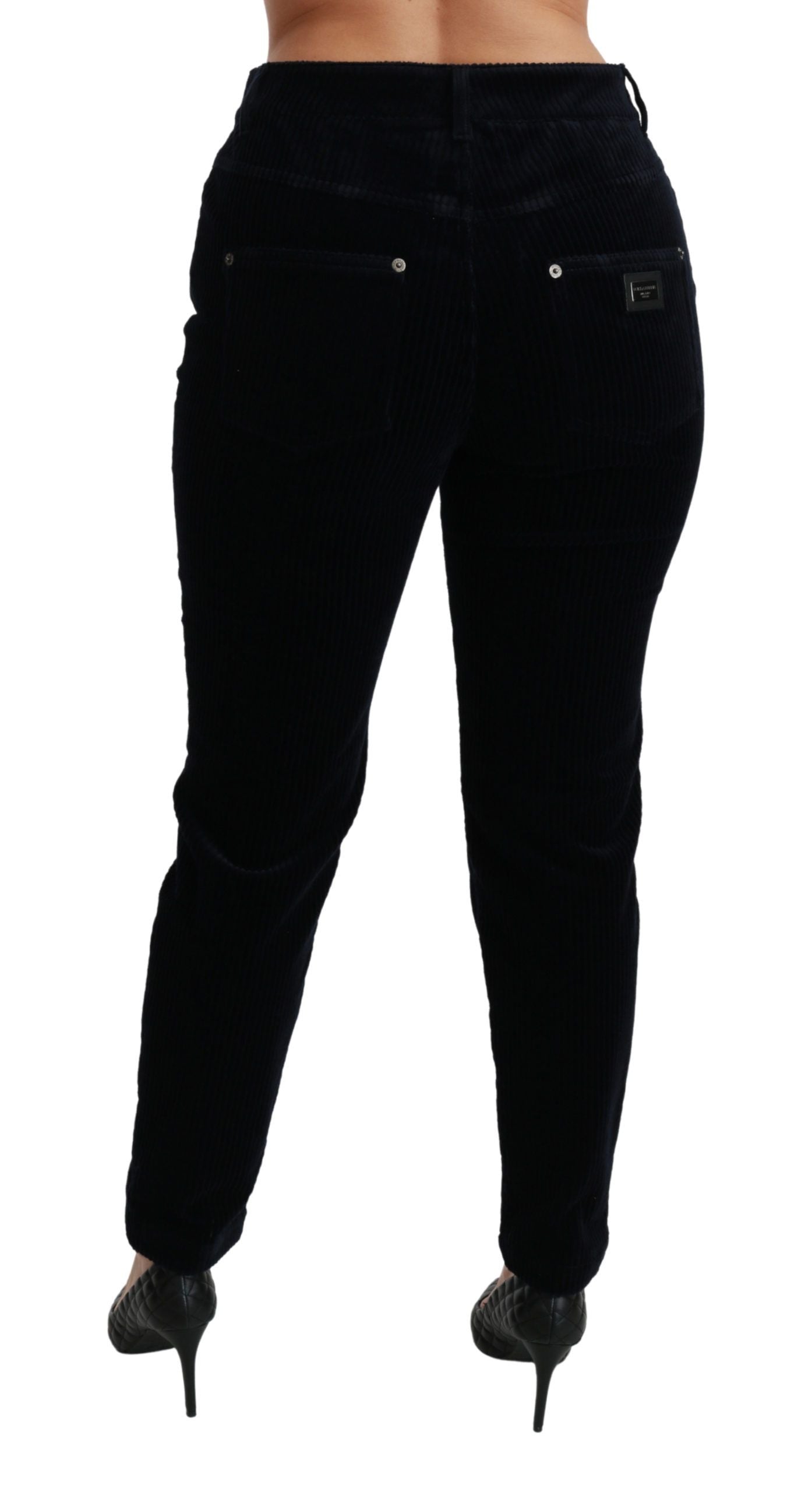 Blauwe corduroy skinny broek met middelhoge taille