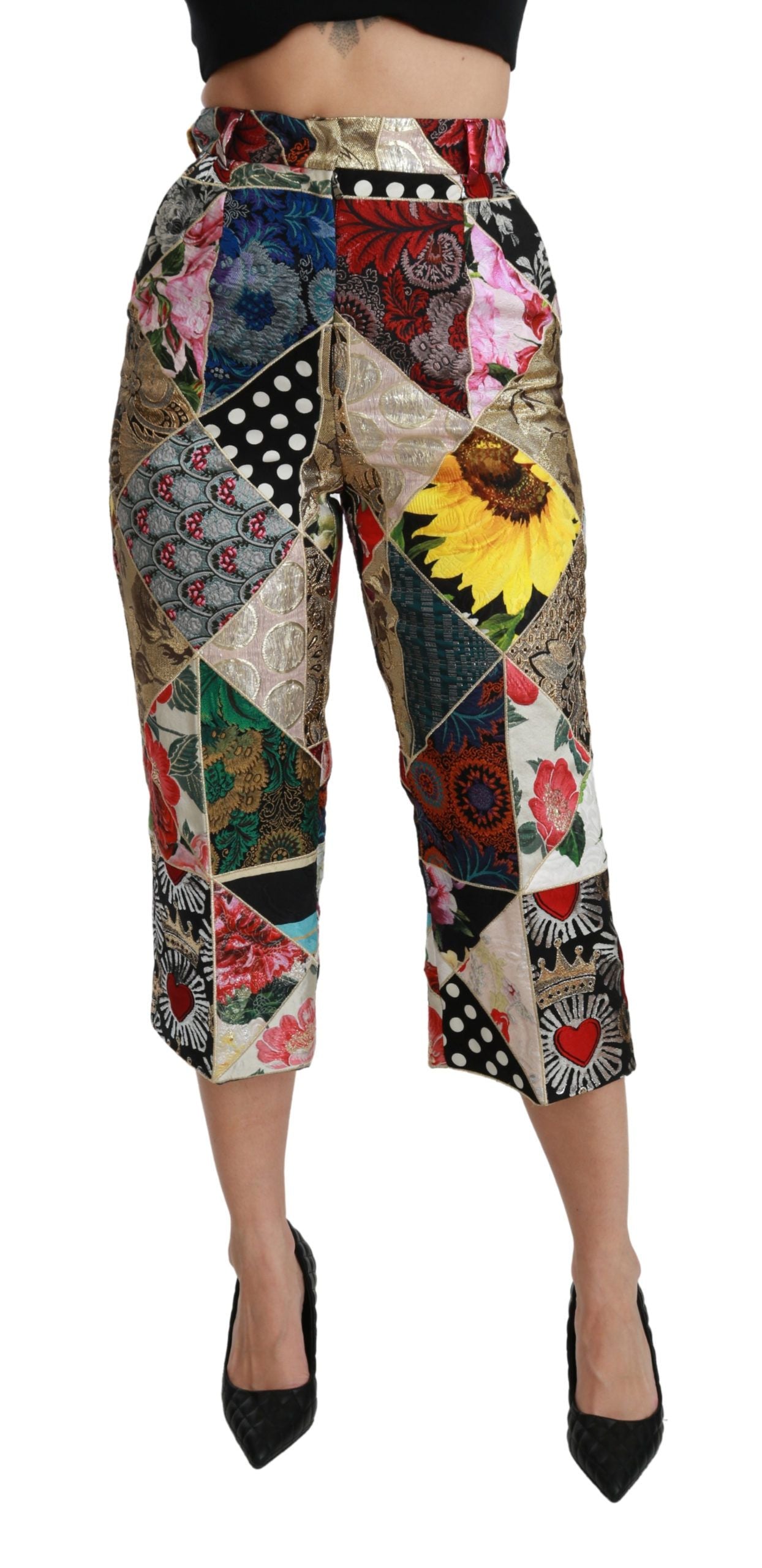 Zijden, veelkleurige print, cropped broek met hoge taille