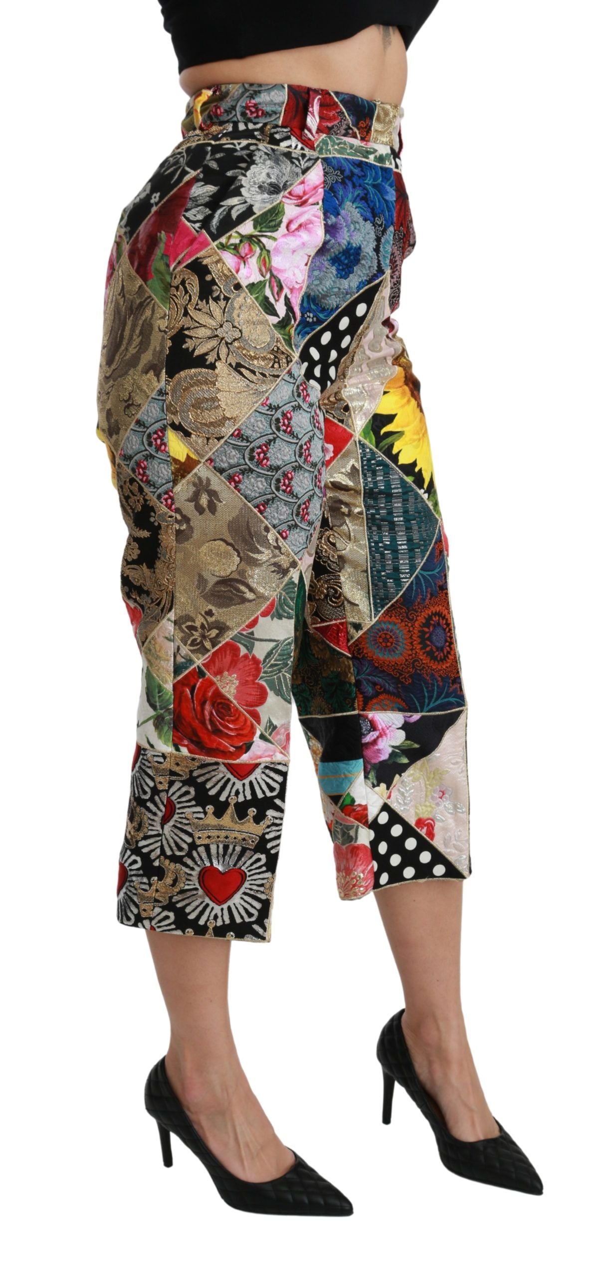 Zijden, veelkleurige print, cropped broek met hoge taille