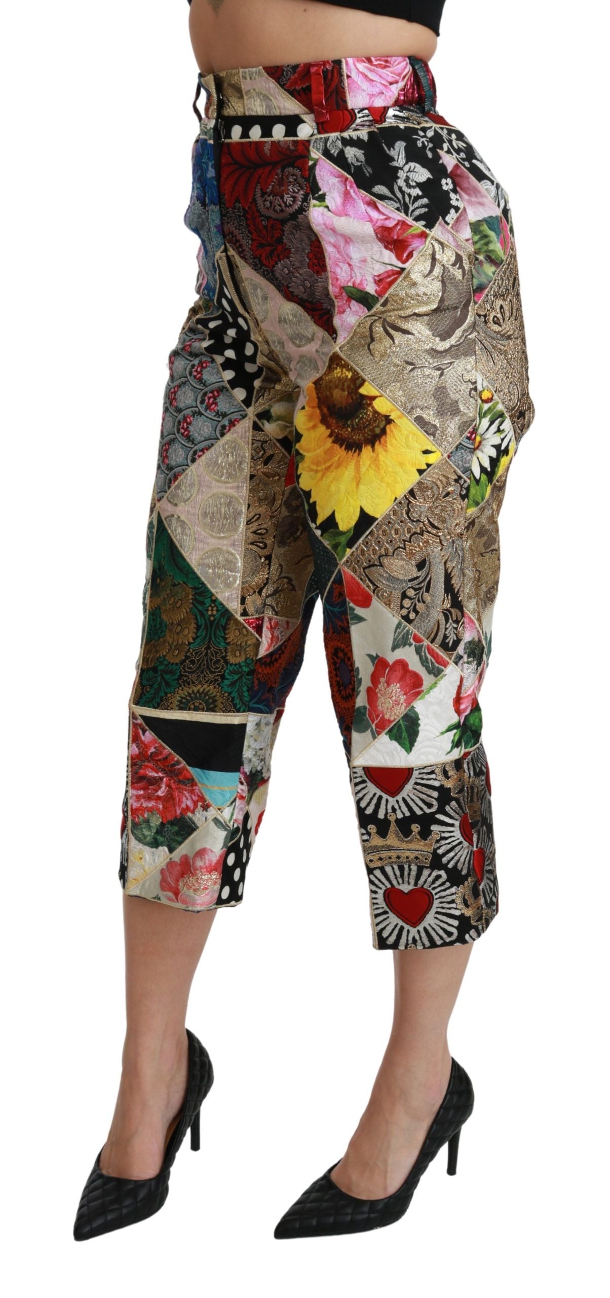 Zijden, veelkleurige print, cropped broek met hoge taille