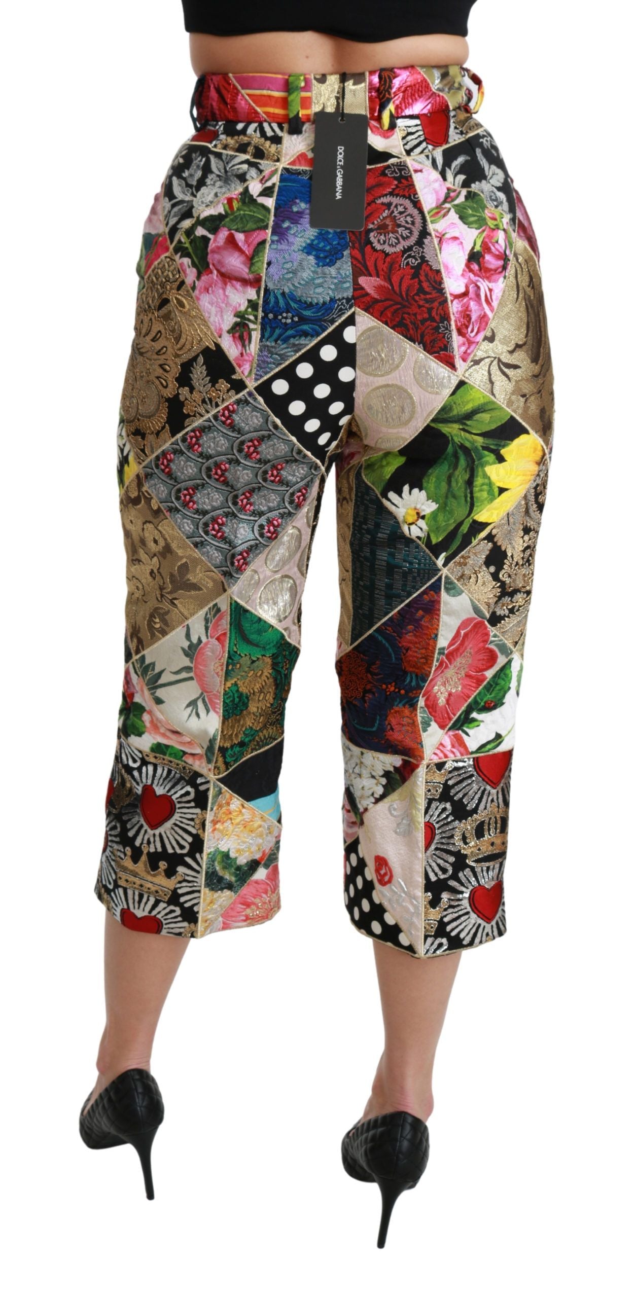 Zijden, veelkleurige print, cropped broek met hoge taille
