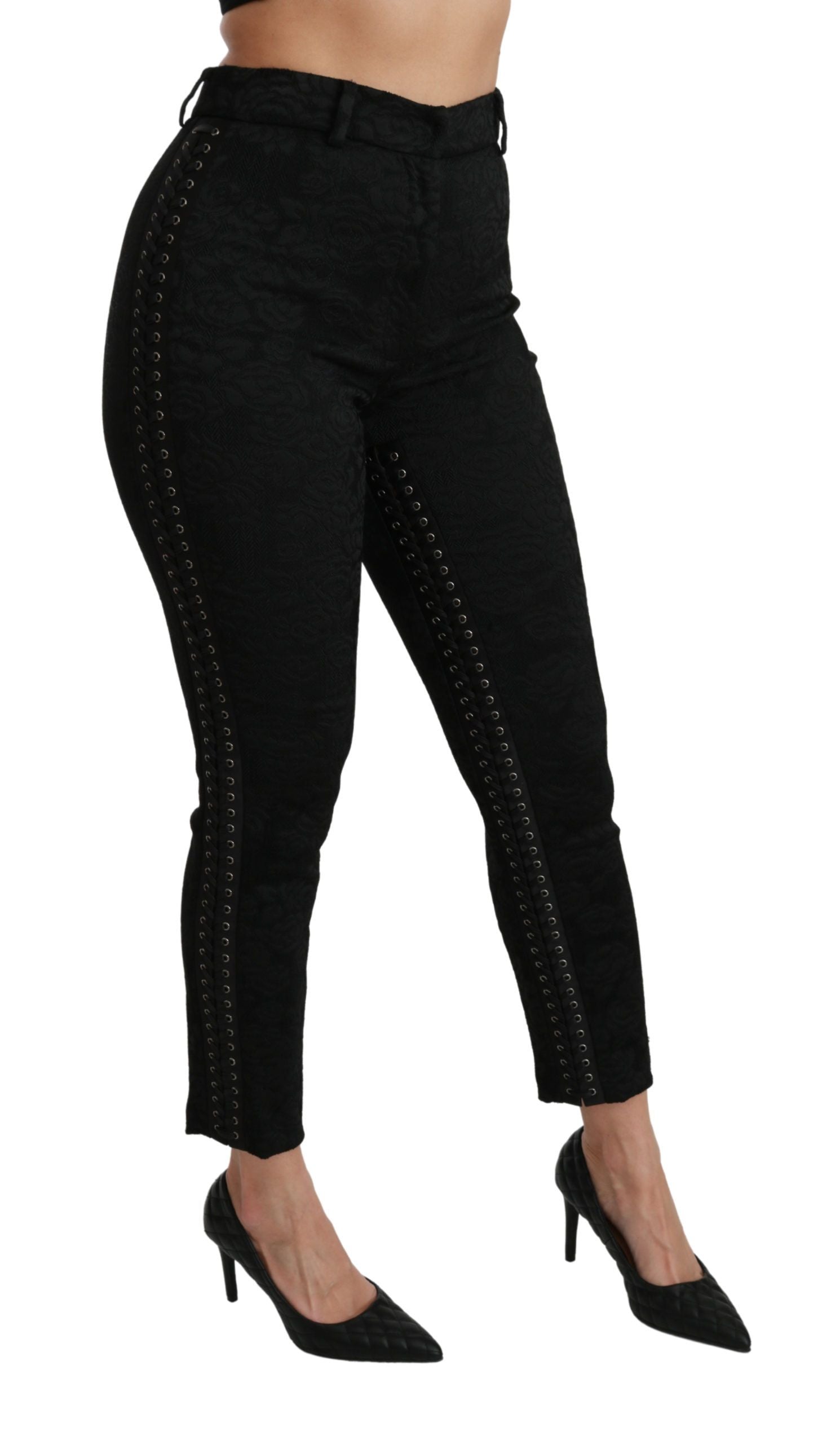 Zwarte brokaat skinny hoge taille broek