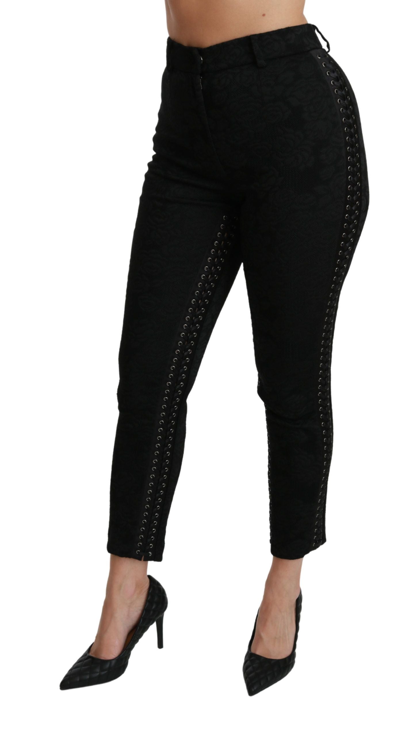 Zwarte brokaat skinny hoge taille broek