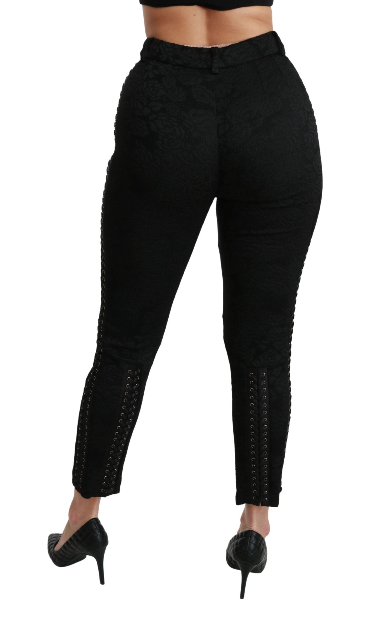 Zwarte brokaat skinny hoge taille broek