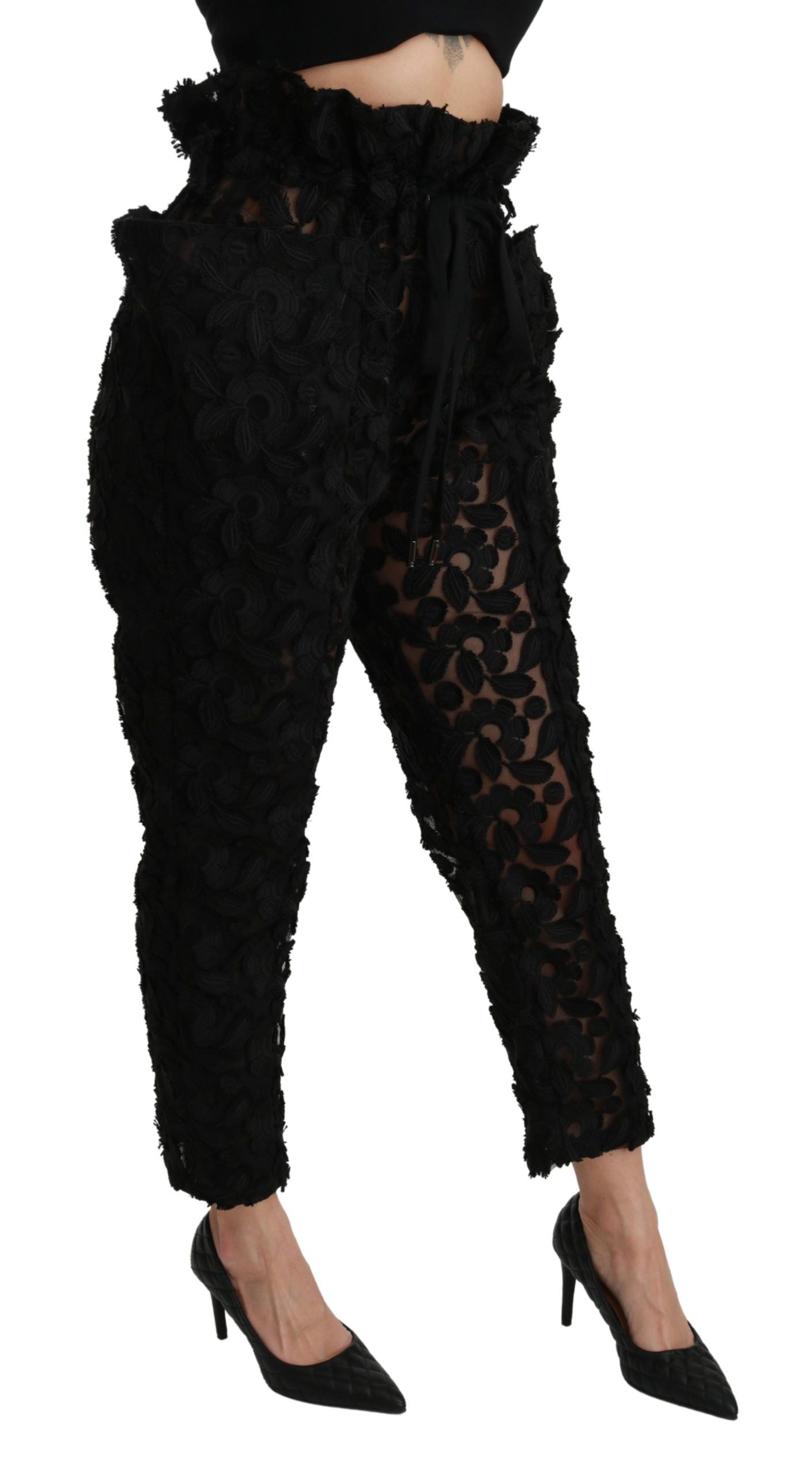 Zwarte bloemenkant taps toelopende hoge taille broek