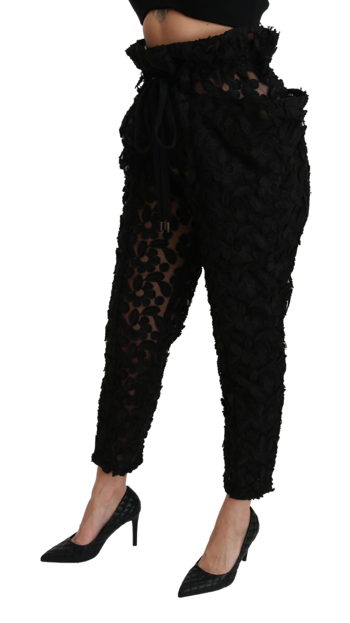 Zwarte bloemenkant taps toelopende hoge taille broek