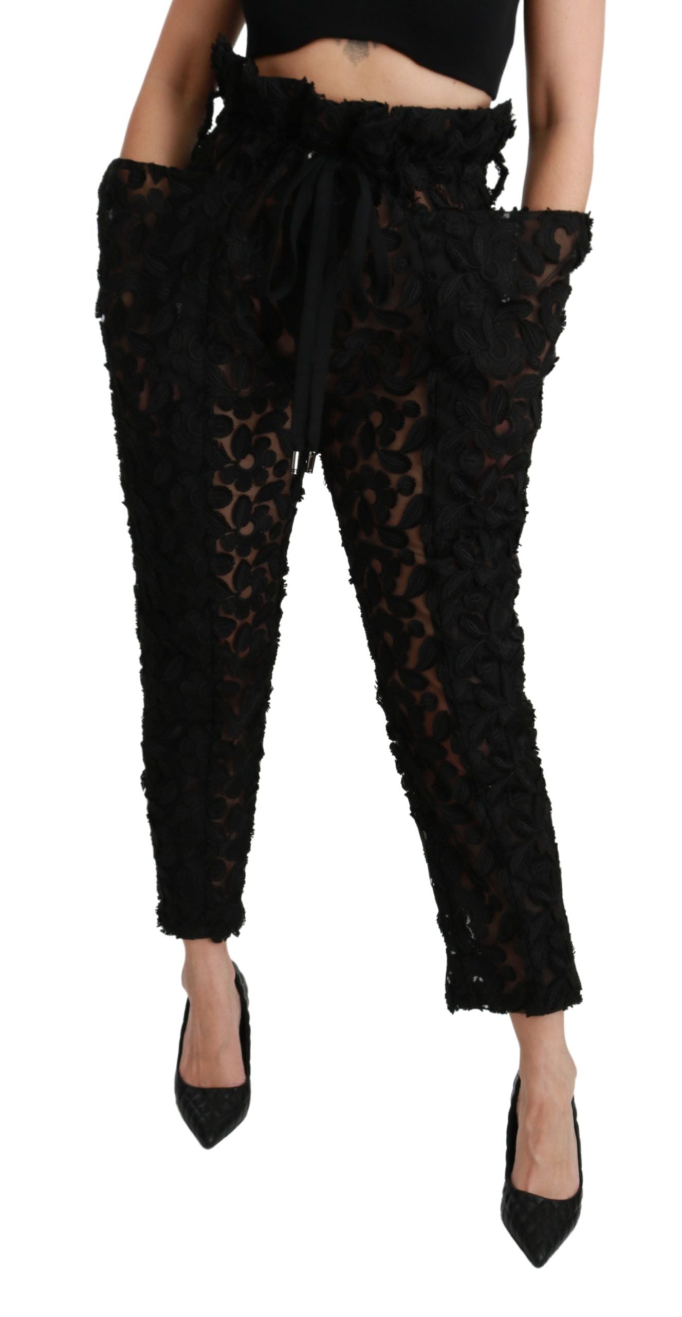 Zwarte bloemenkant taps toelopende hoge taille broek