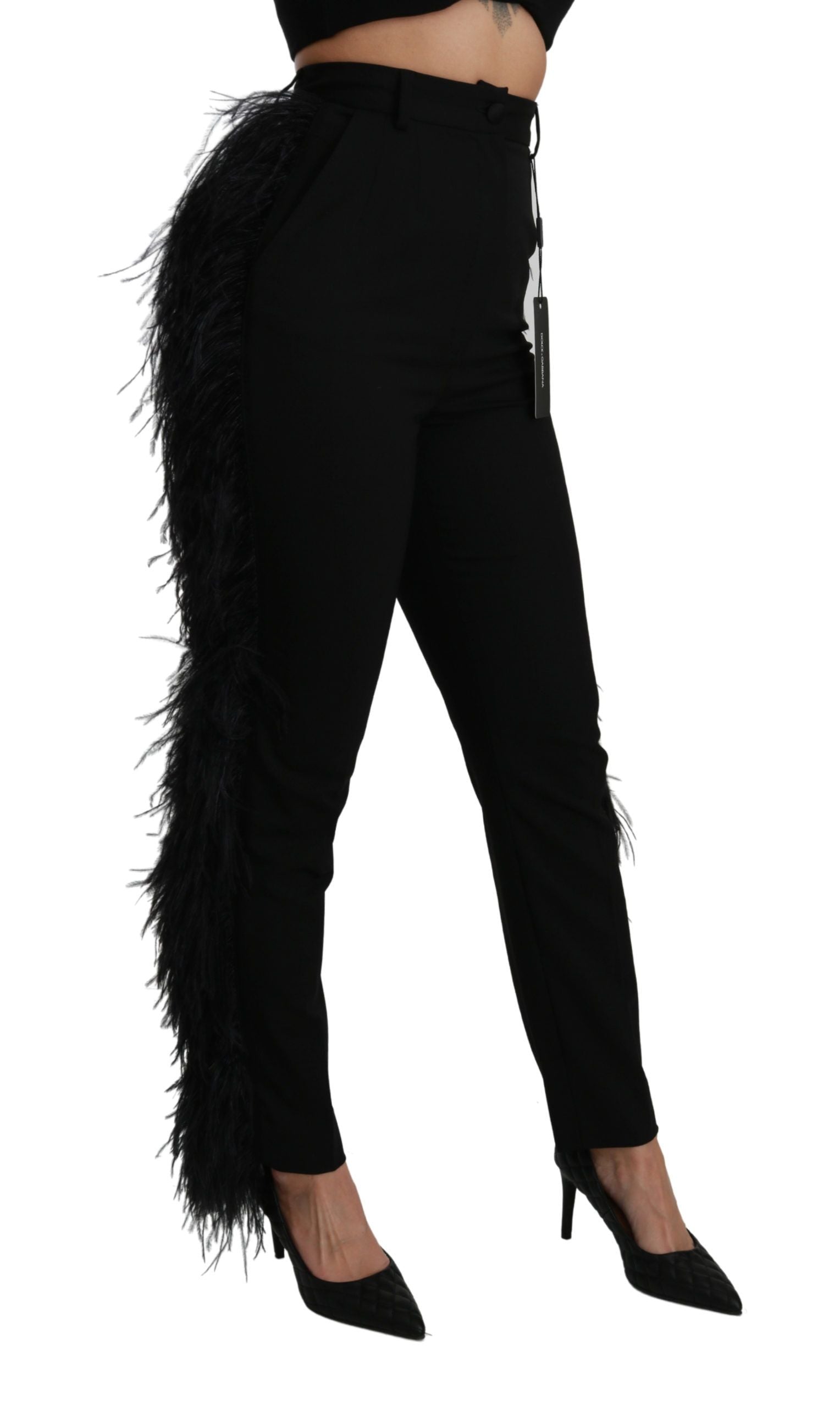 Zwarte wollen broek met hoge taille en rechte veren