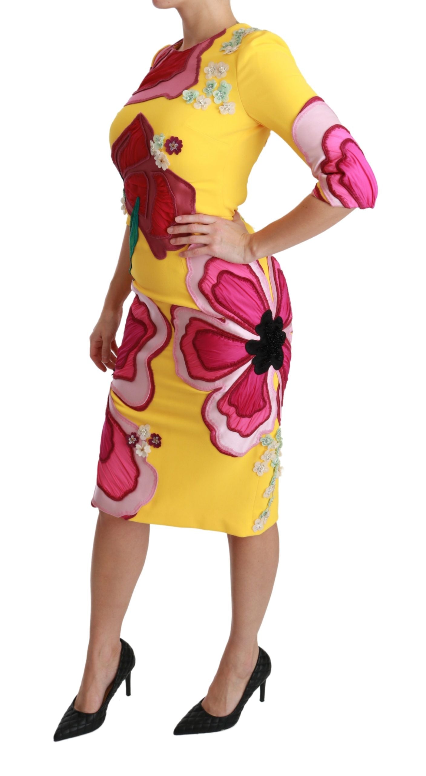 Gele bloemenjurk met kristallen, bodycon-model