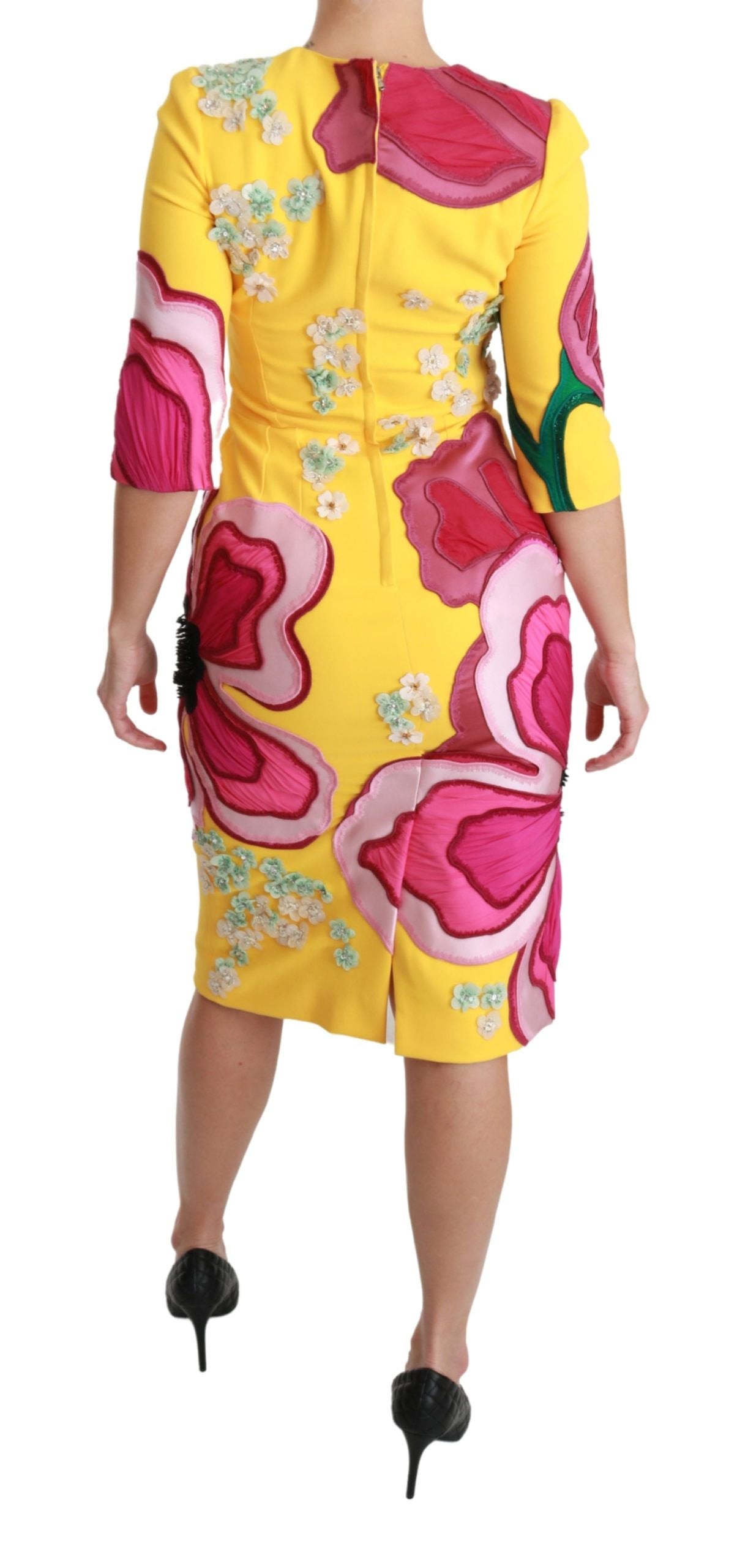 Gele bloemenjurk met kristallen, bodycon-model