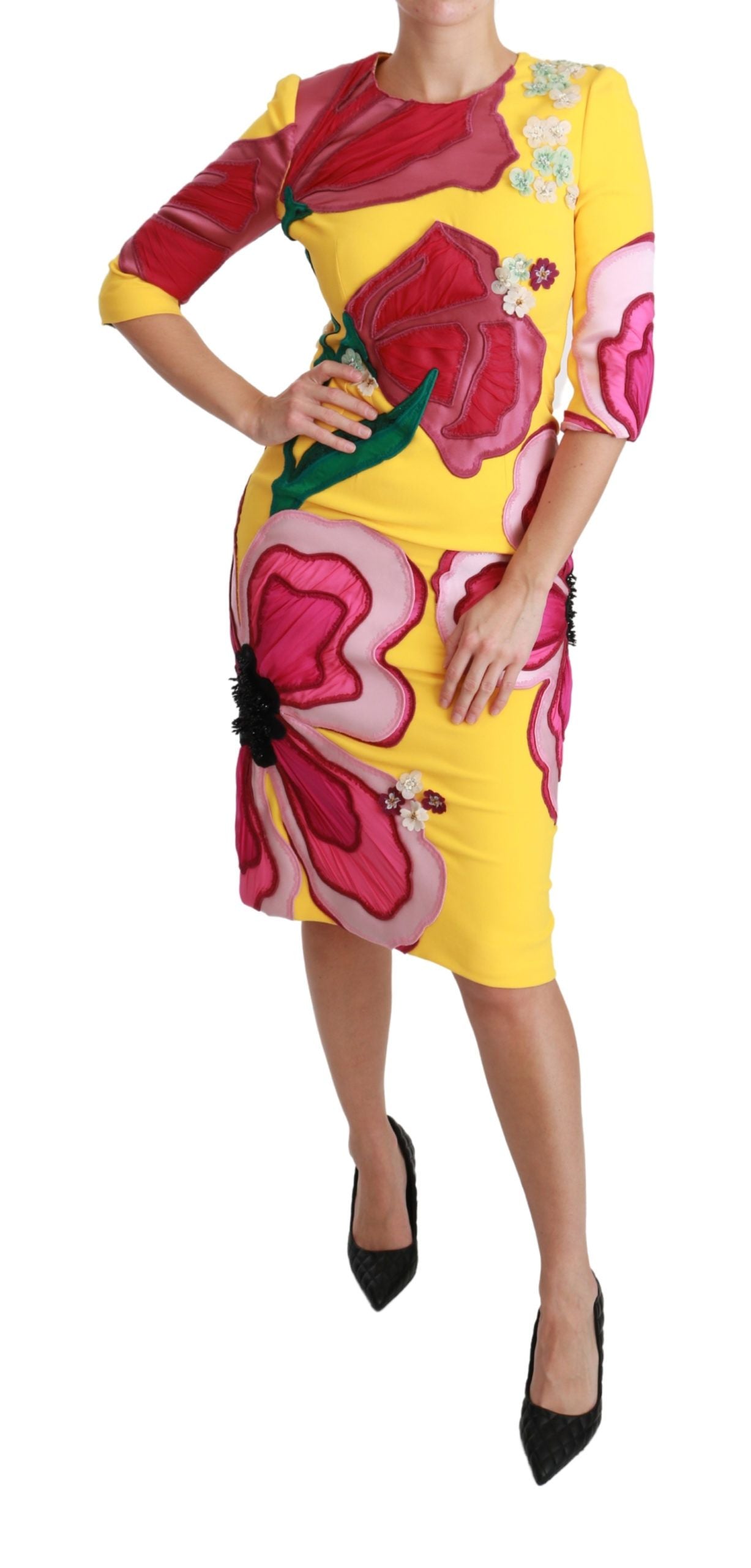 Gele bloemenjurk met kristallen, bodycon-model