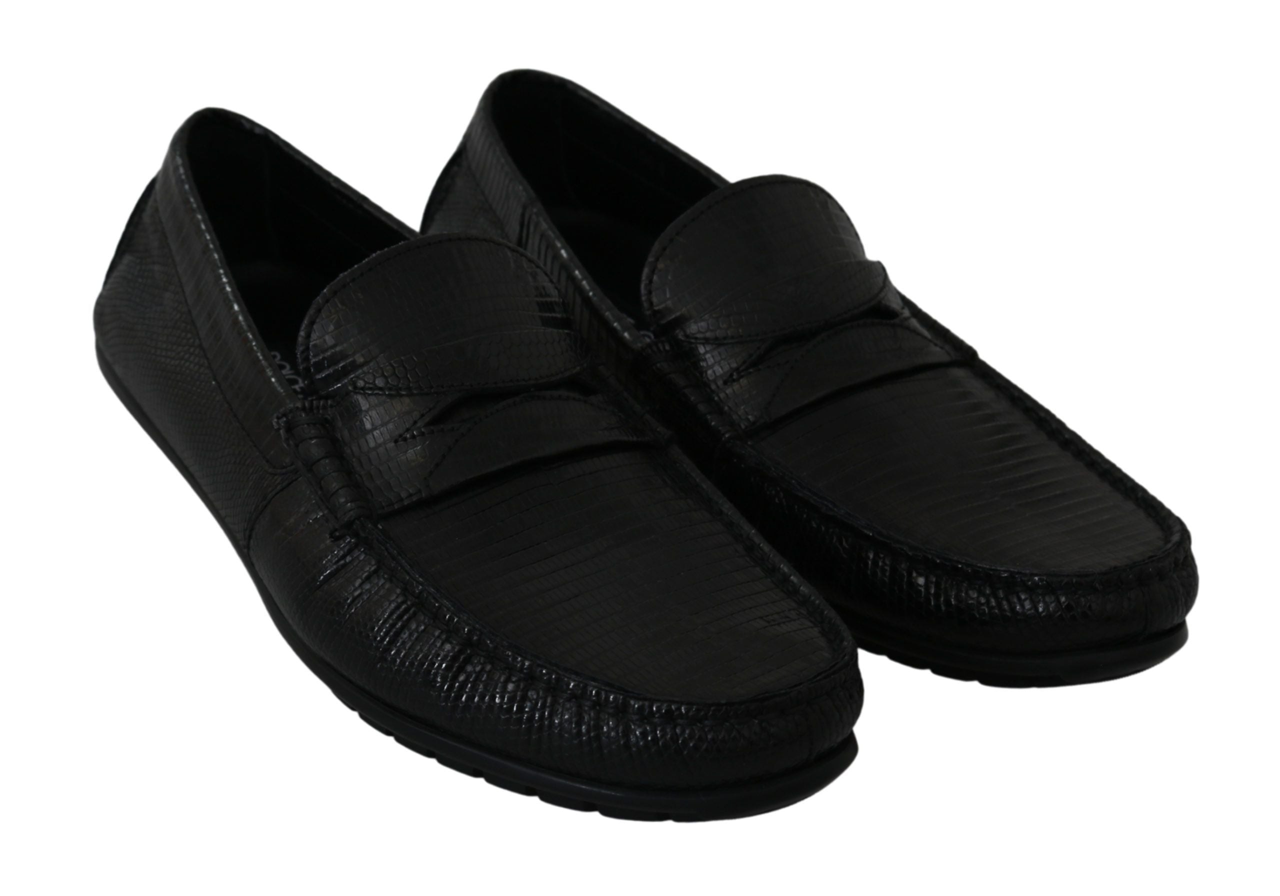 Zwarte hagedisleren platte loafers