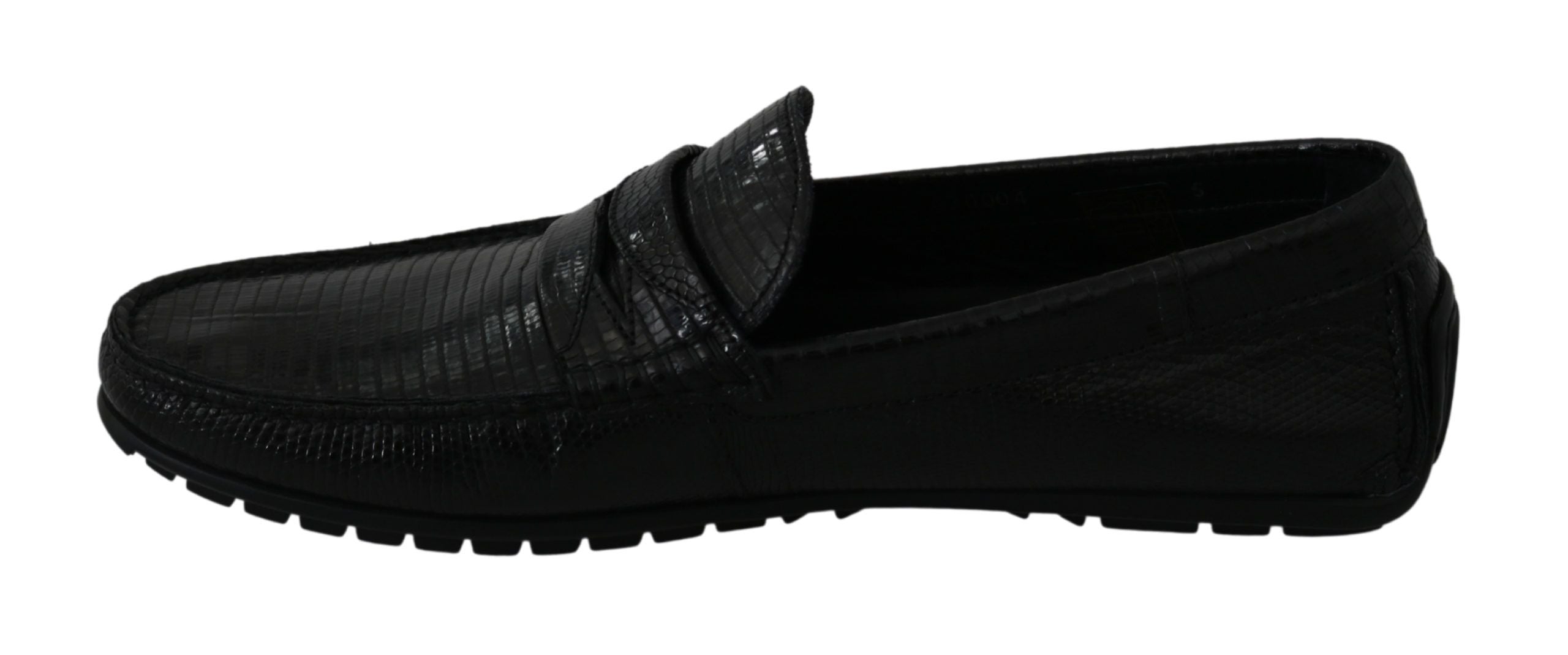 Zwarte hagedisleren platte loafers