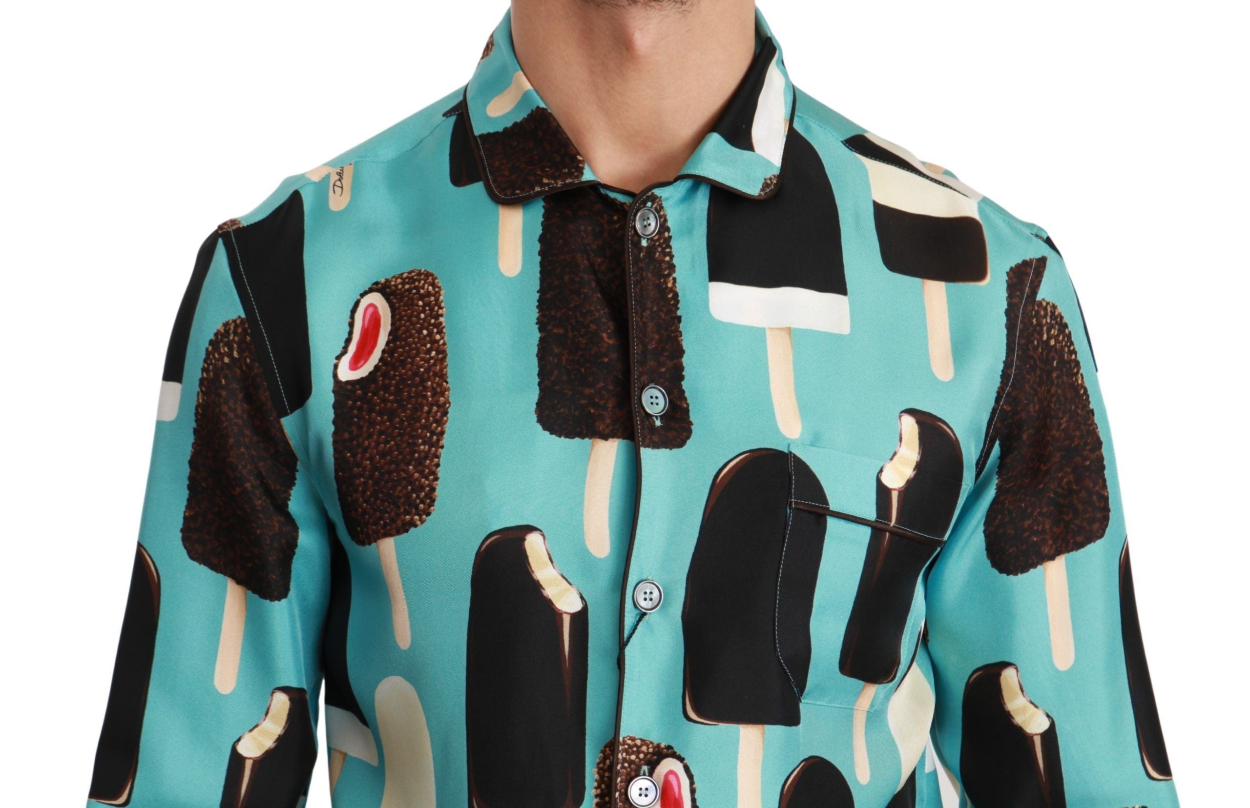 Blauw zijden casual overhemd met ijsjesprint