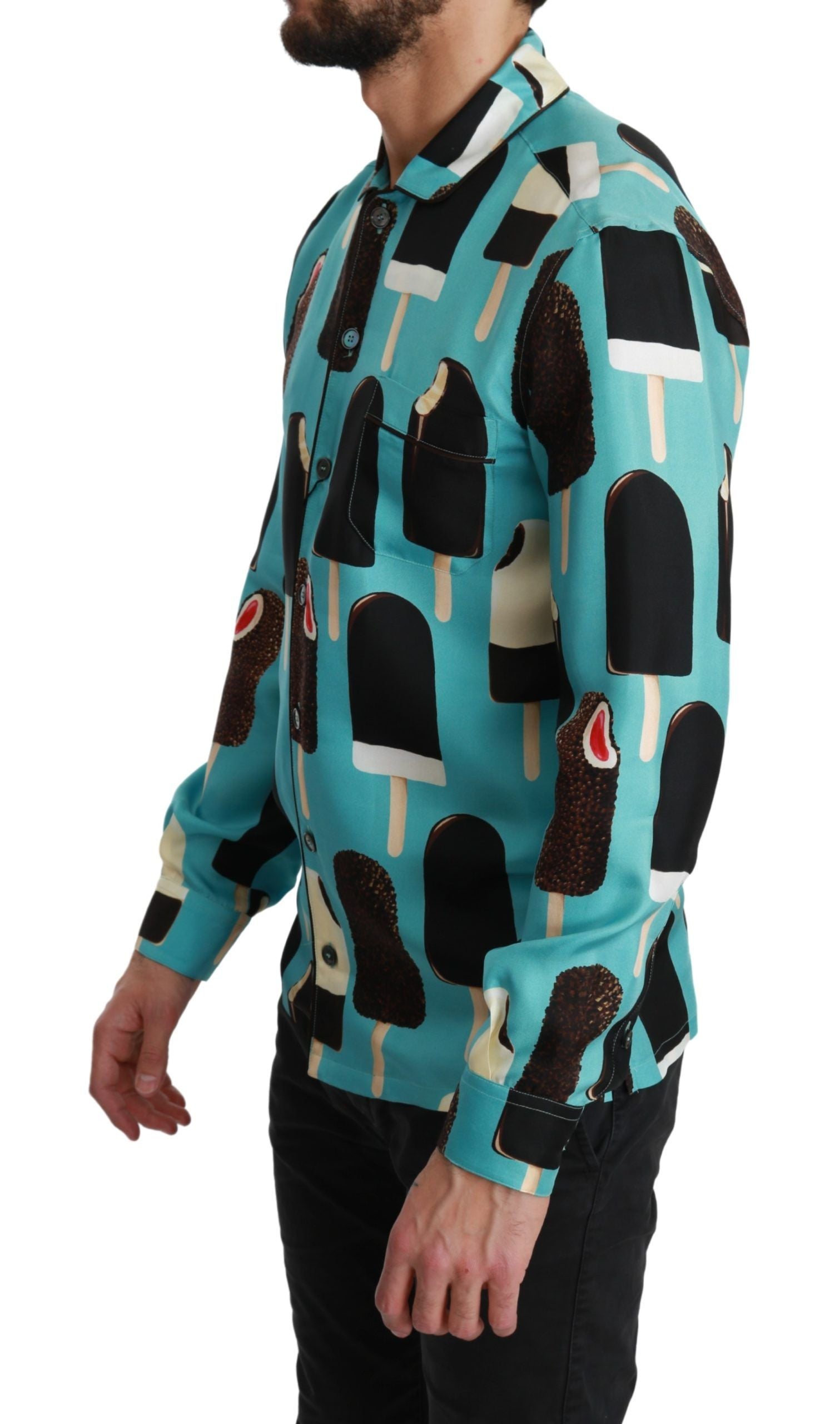 Blauw zijden casual overhemd met ijsjesprint