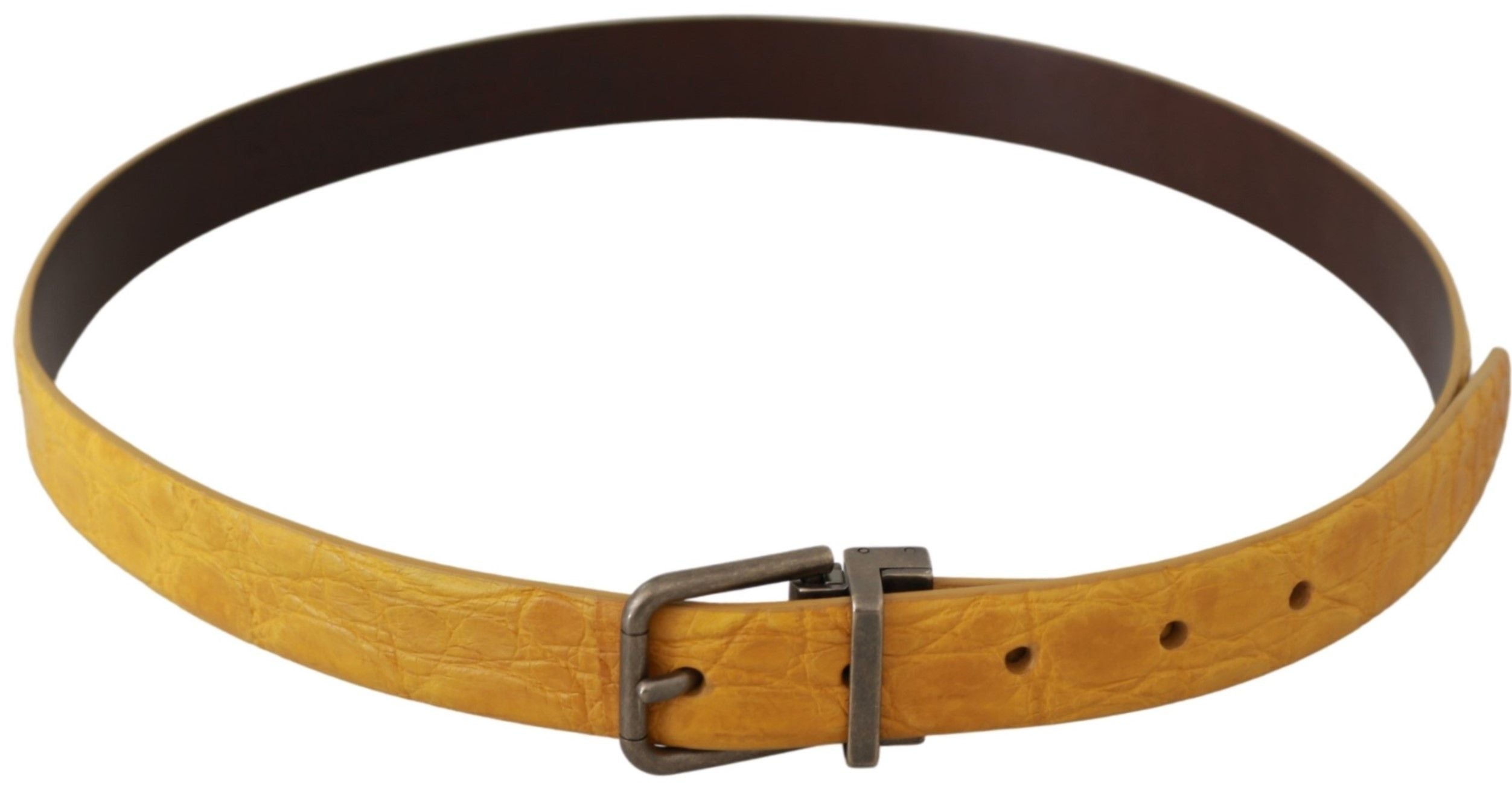 Gele exotische leren riem met grijze gesp