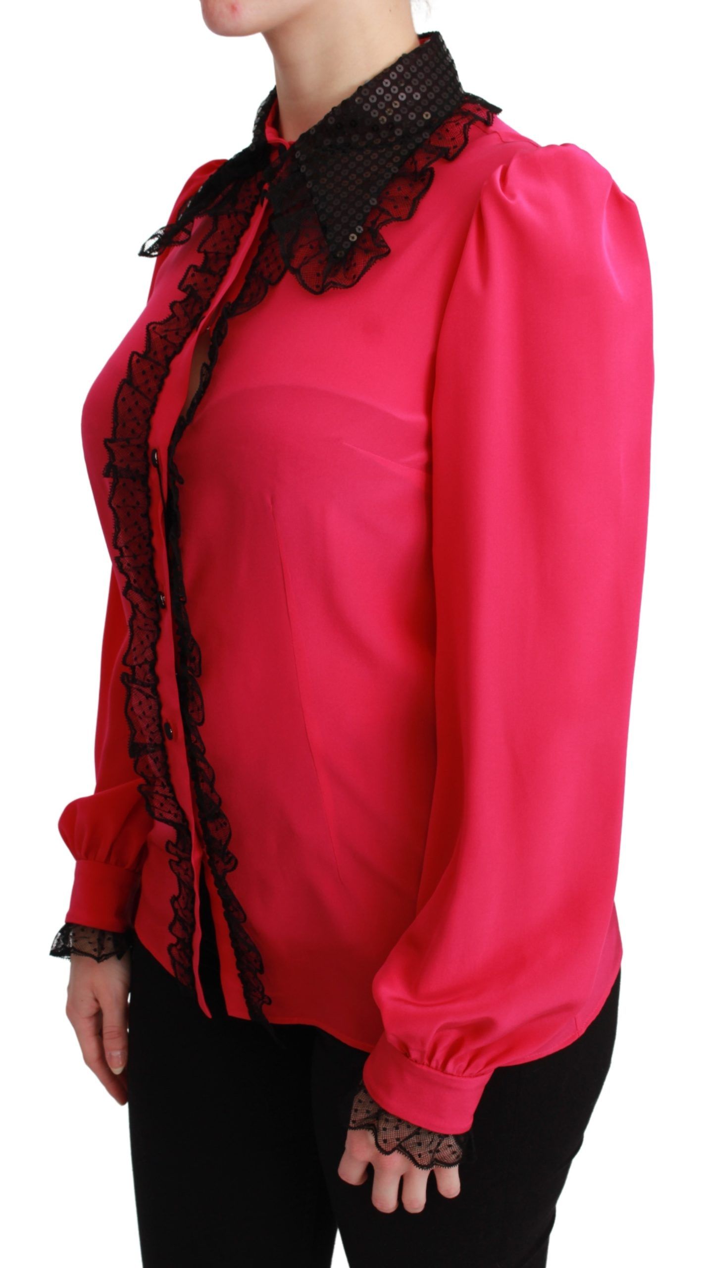 Roze zijden zwarte pailletten kanten blouse