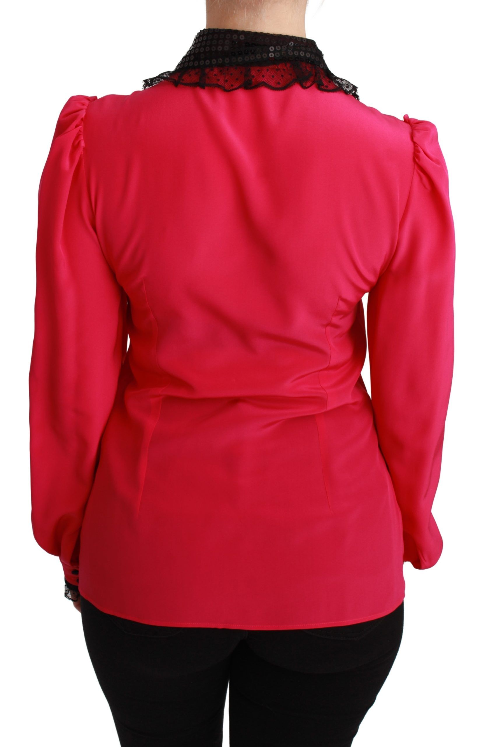Roze zijden zwarte pailletten kanten blouse