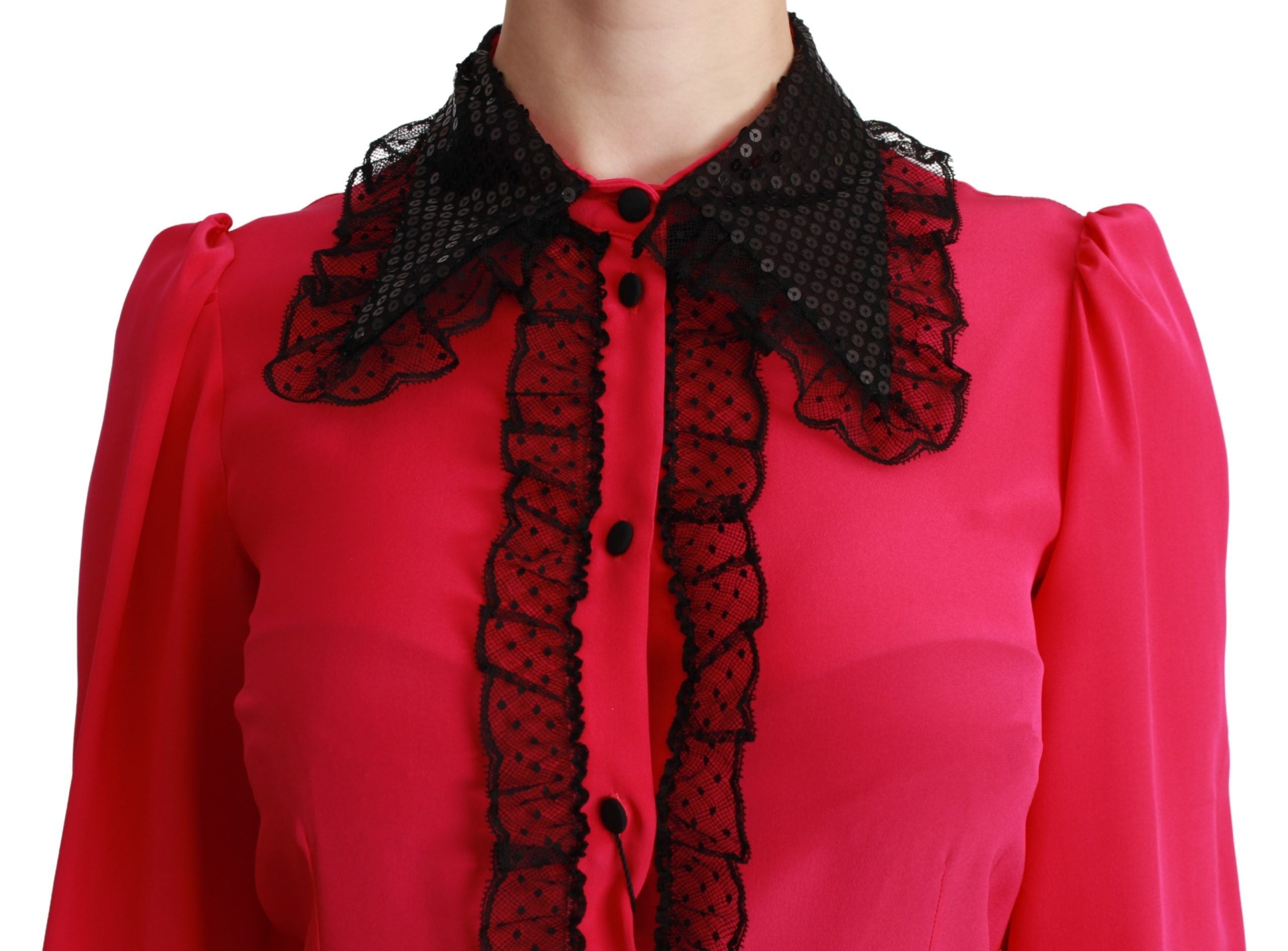 Roze zijden zwarte pailletten kanten blouse