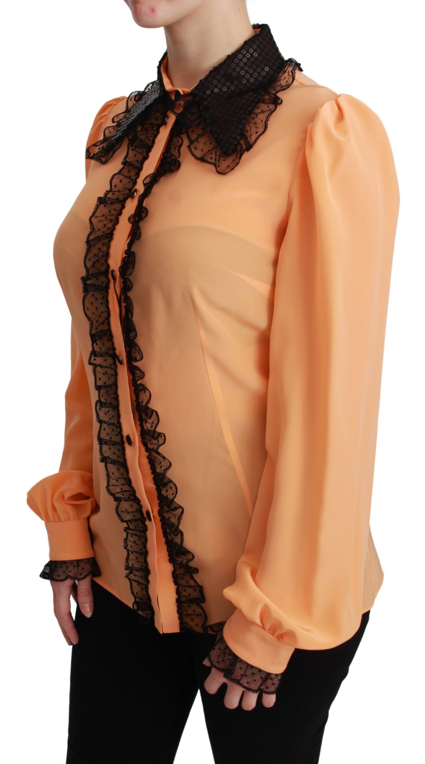 Gele zijden blouse met pailletten en kant