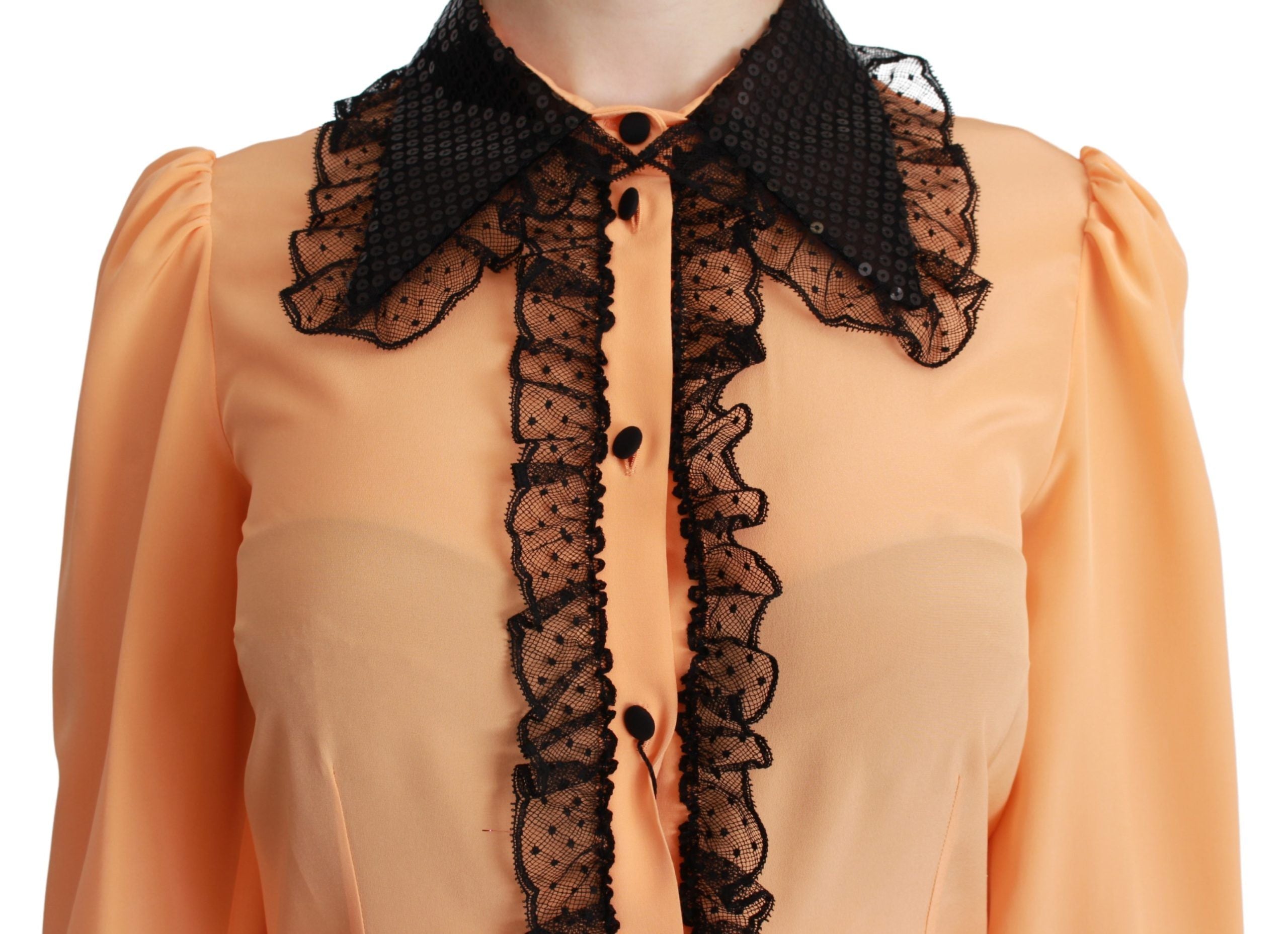 Gele zijden blouse met pailletten en kant