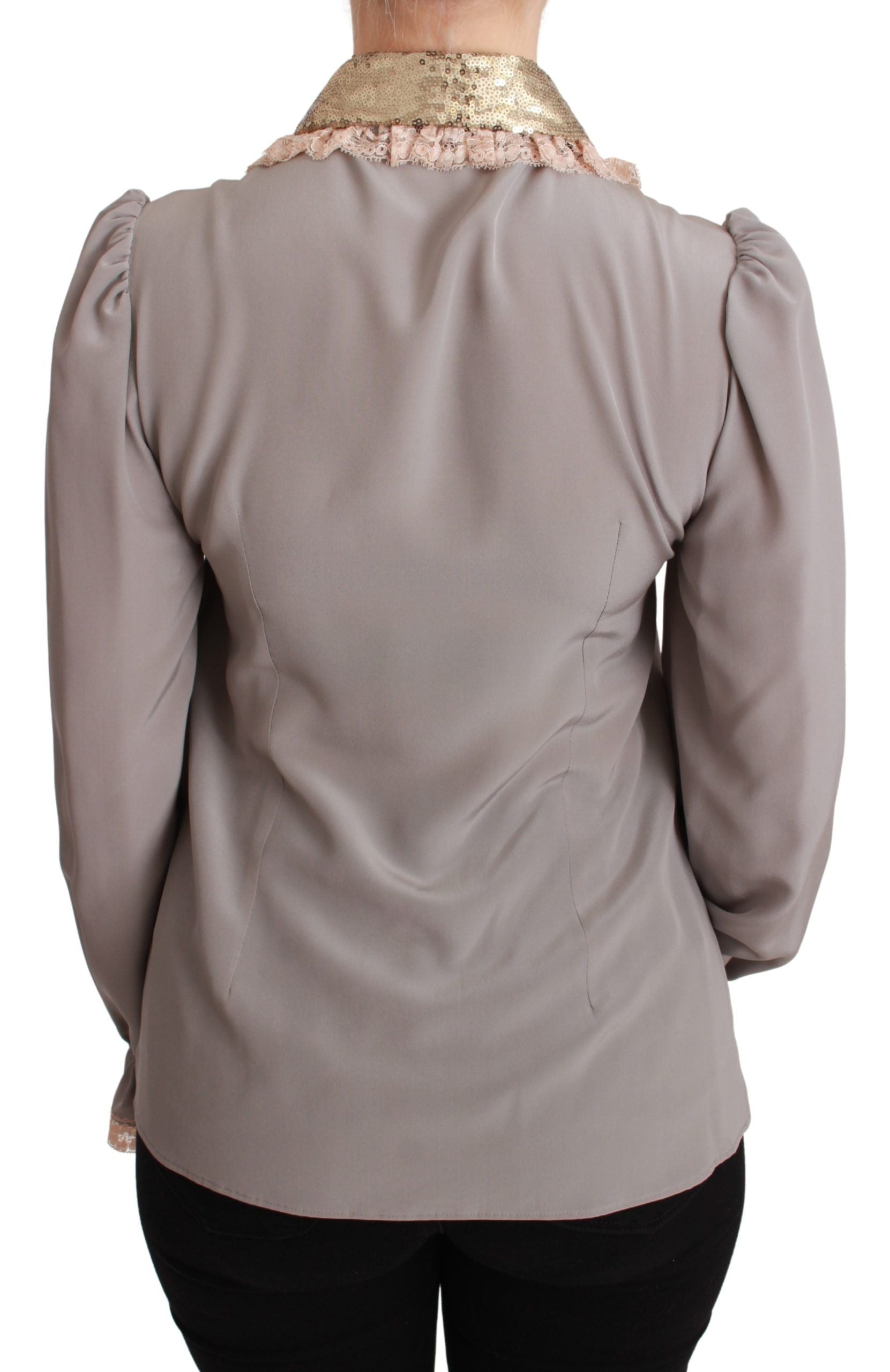 Grijze zijden blouse met gouden pailletten en kant