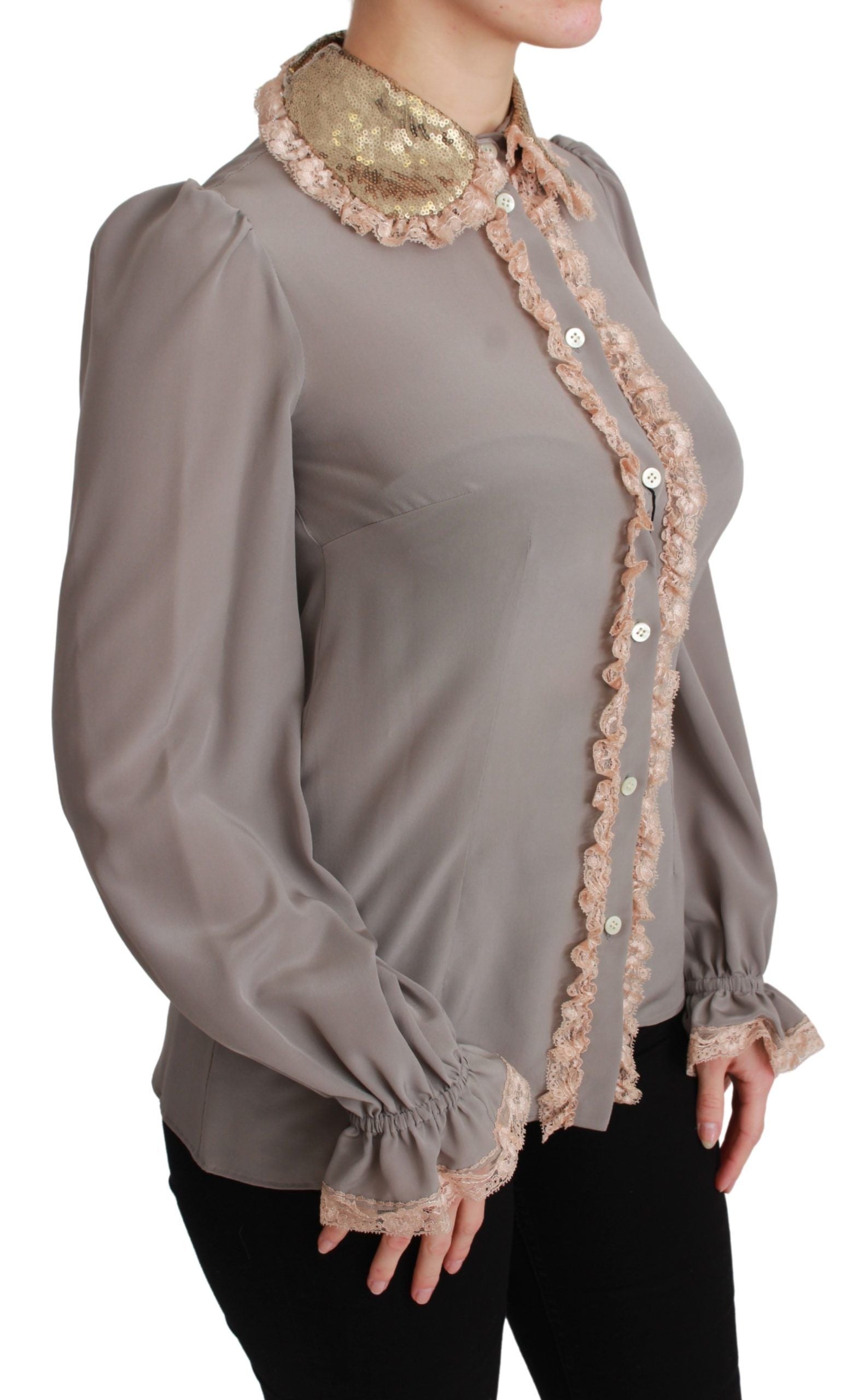 Grijze zijden blouse met gouden pailletten en kant
