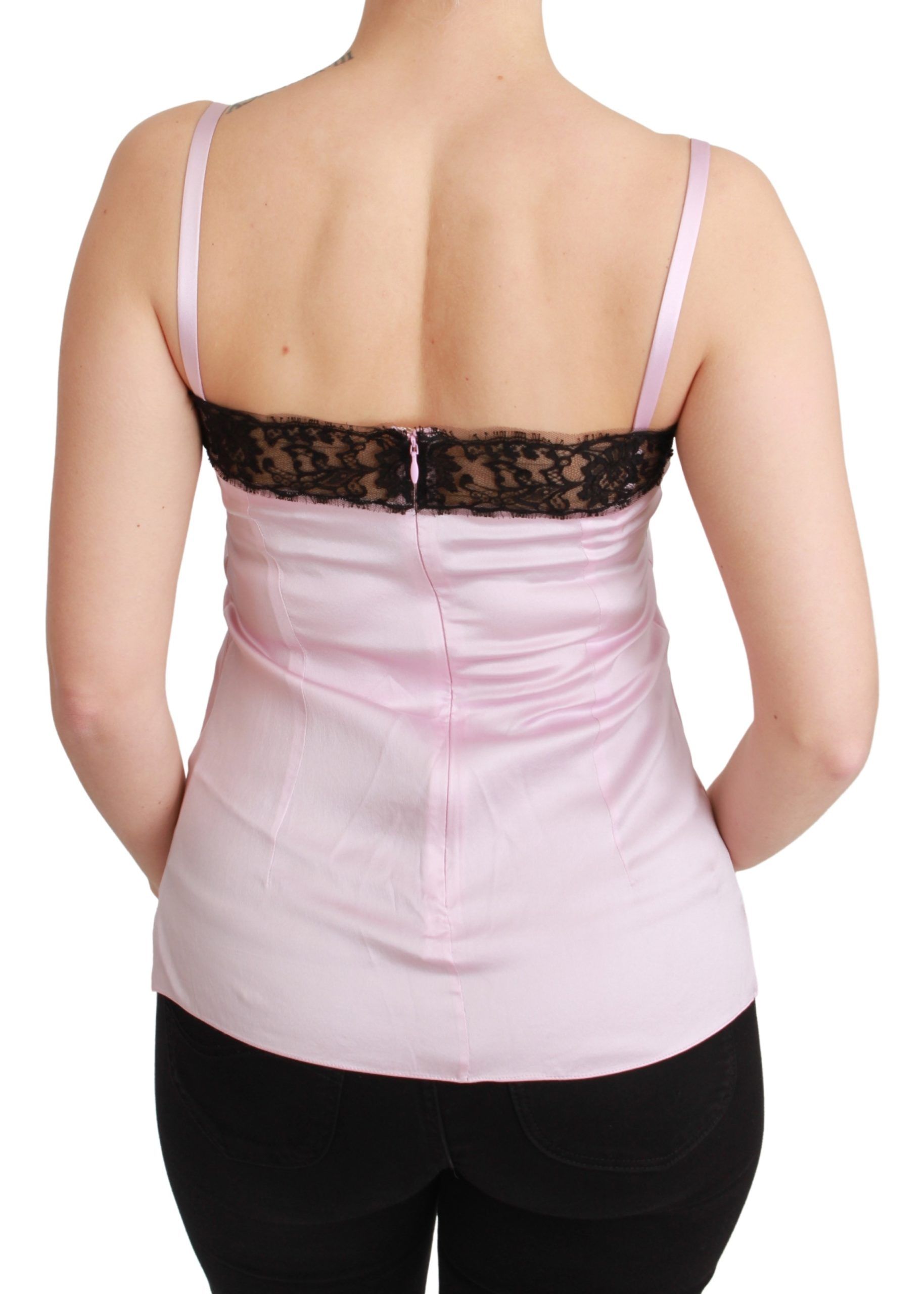 Zijden zwarte kanten top roze tanktop