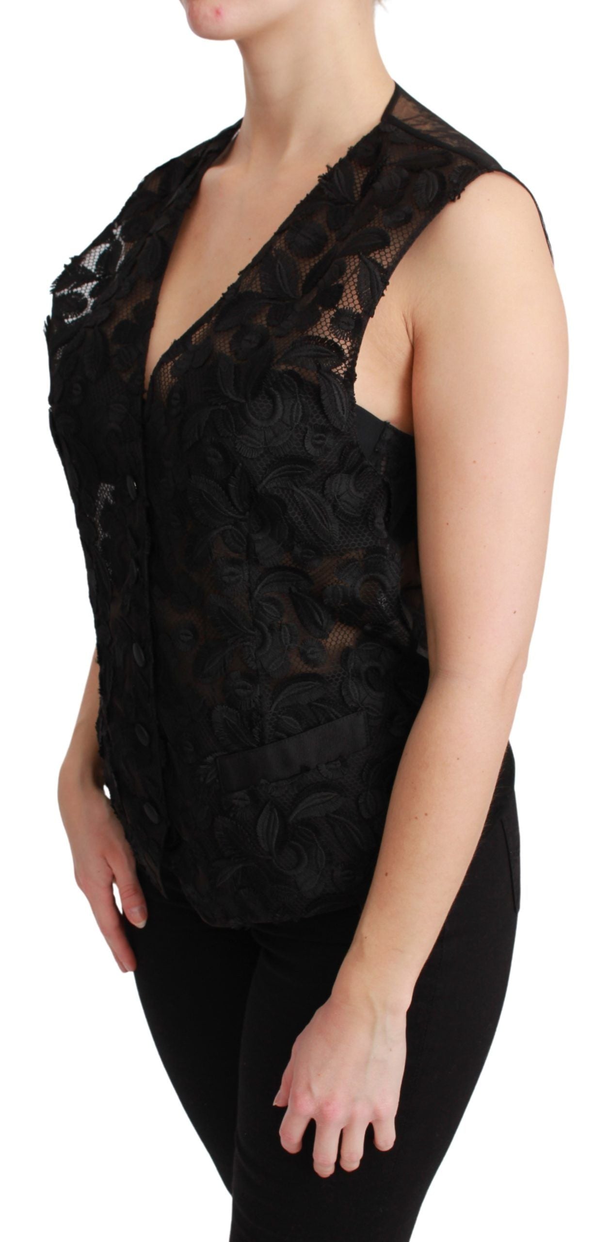 Zwarte bloemenbrokaat top gilet
