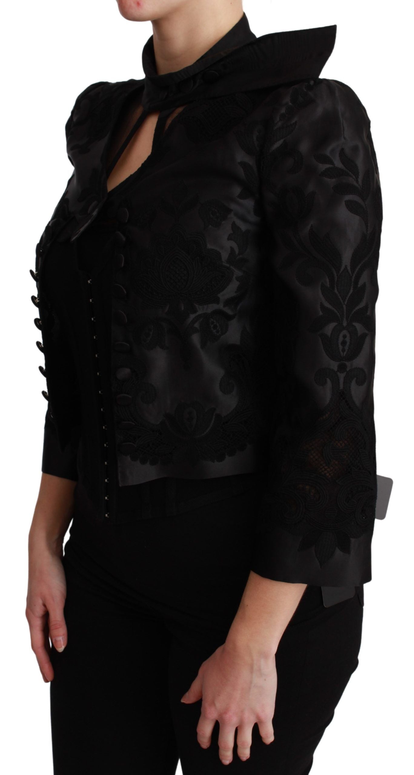 Zwarte bloemen jacquard blazer zijden jas