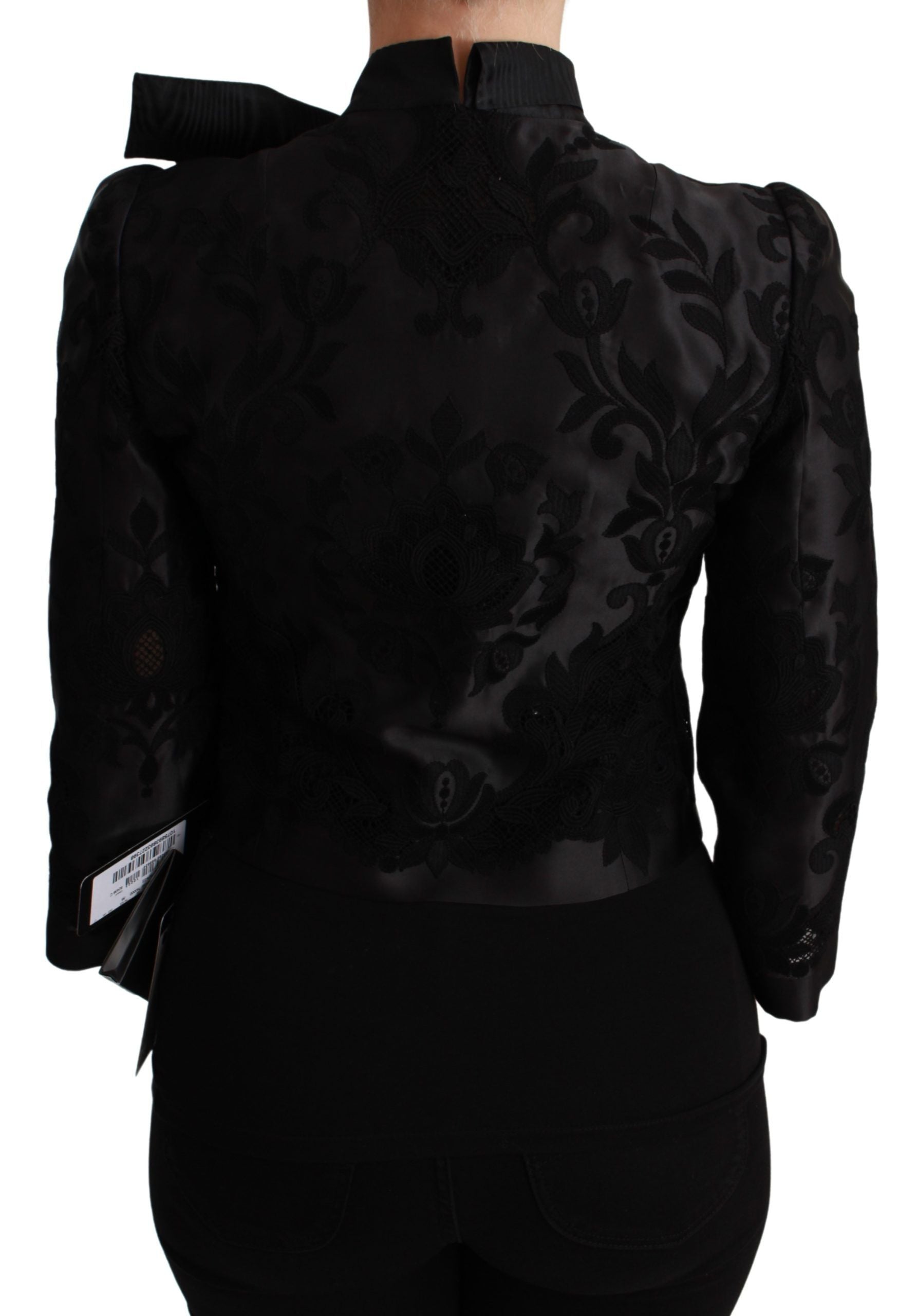 Zwarte bloemen jacquard blazer zijden jas
