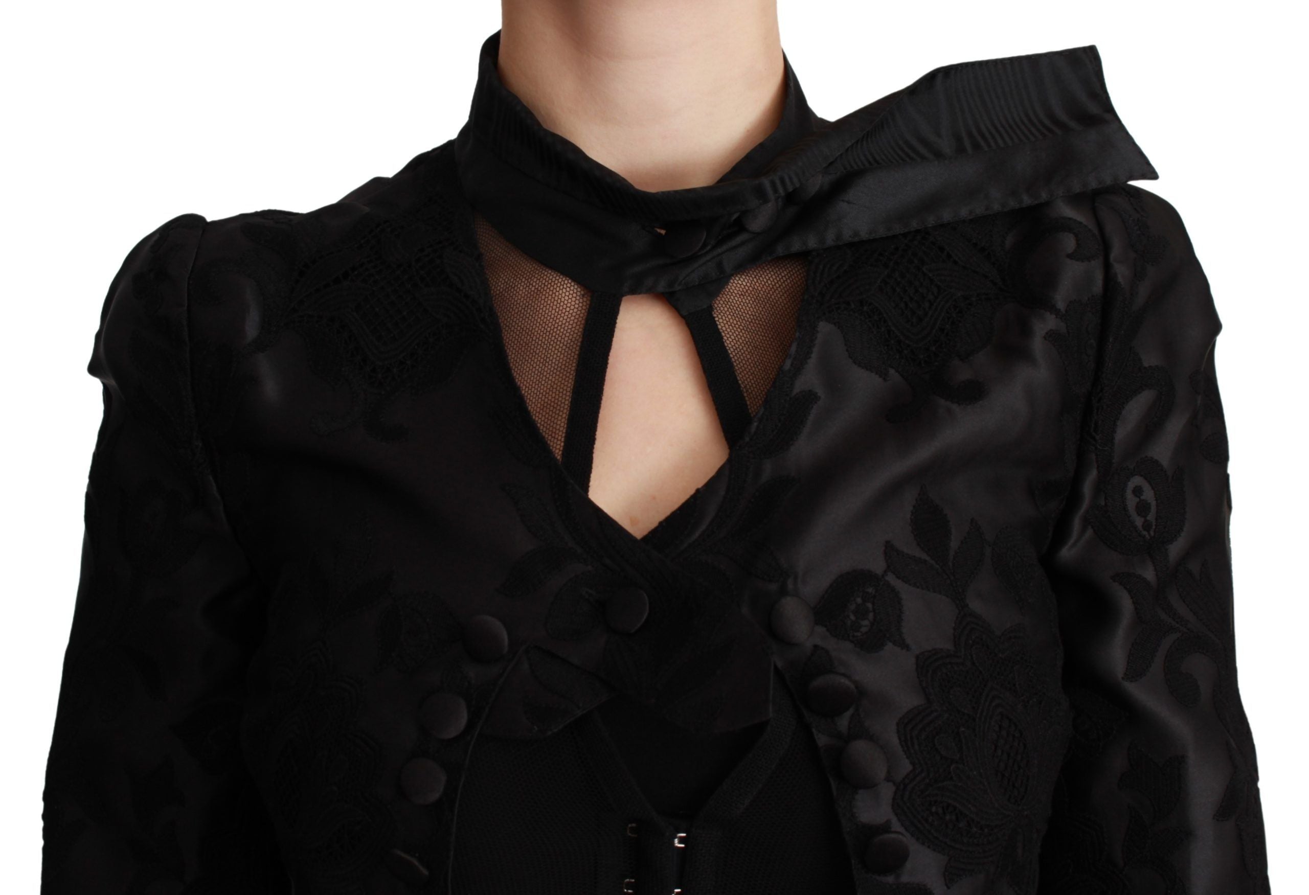 Zwarte bloemen jacquard blazer zijden jas