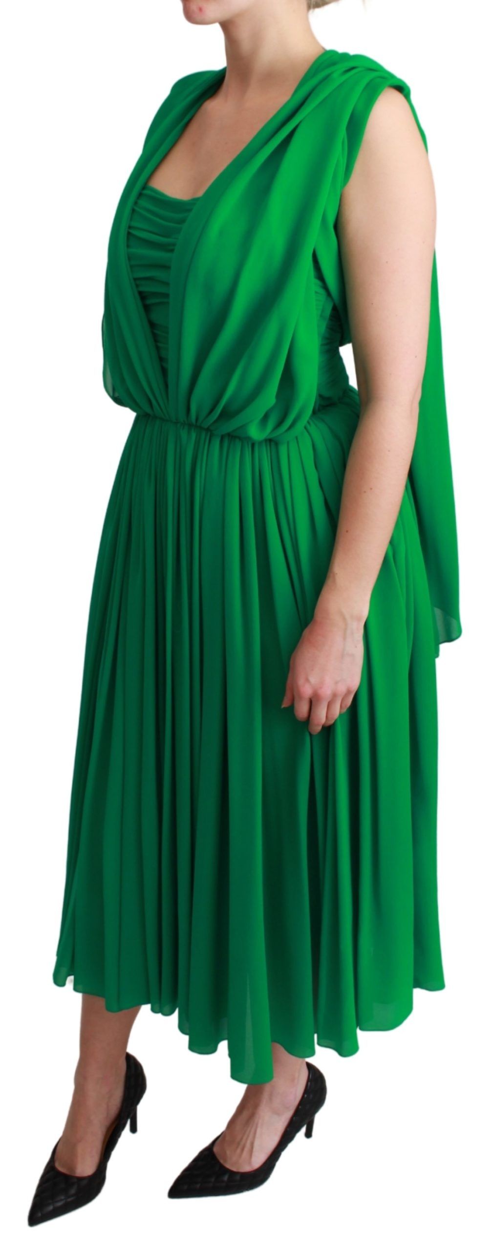 100% zijden groene mouwloze geplooide maxi-jurk