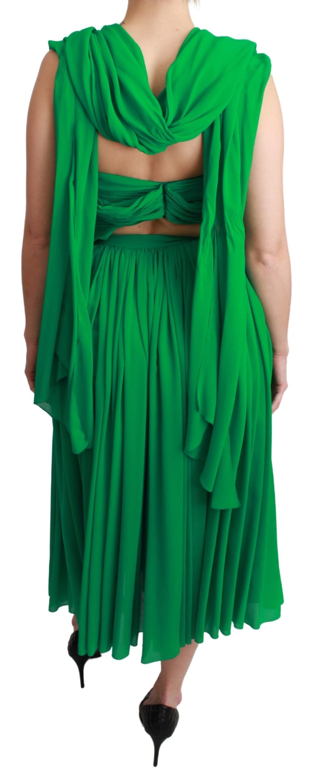 100% zijden groene mouwloze geplooide maxi-jurk