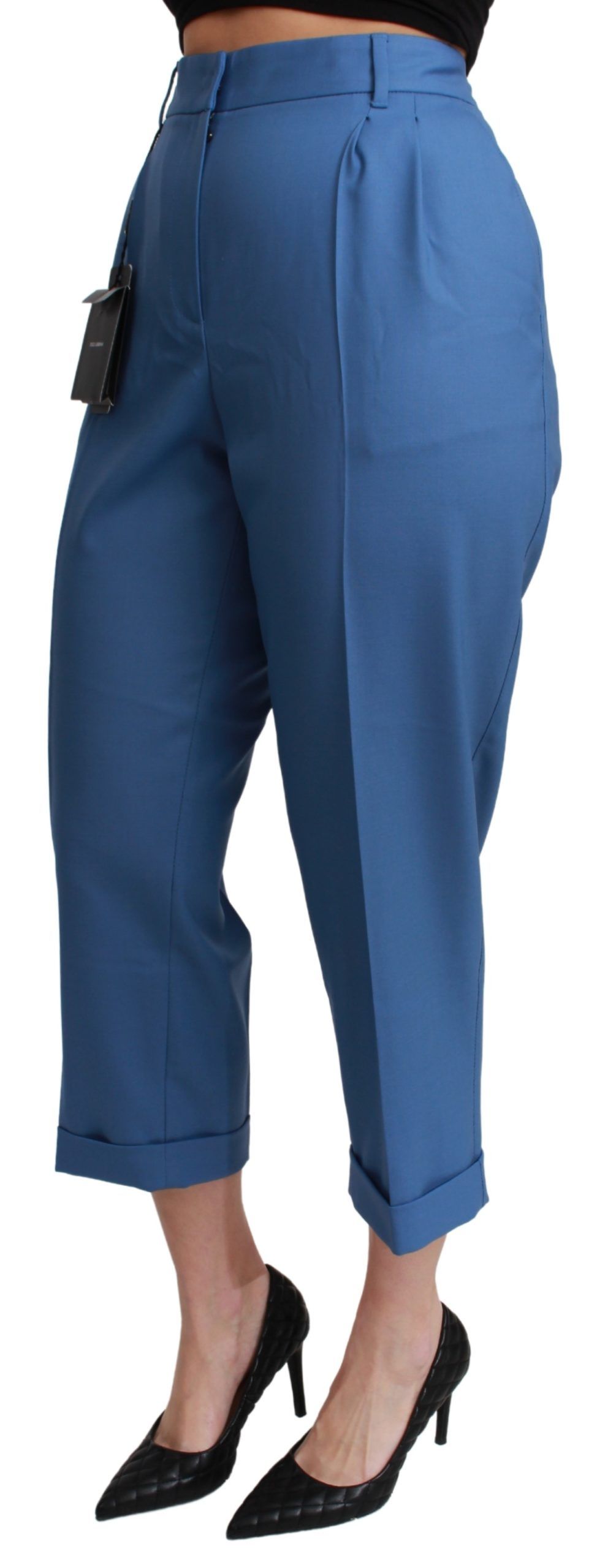 Blauwe geplooide wollen cropped broek met omslag