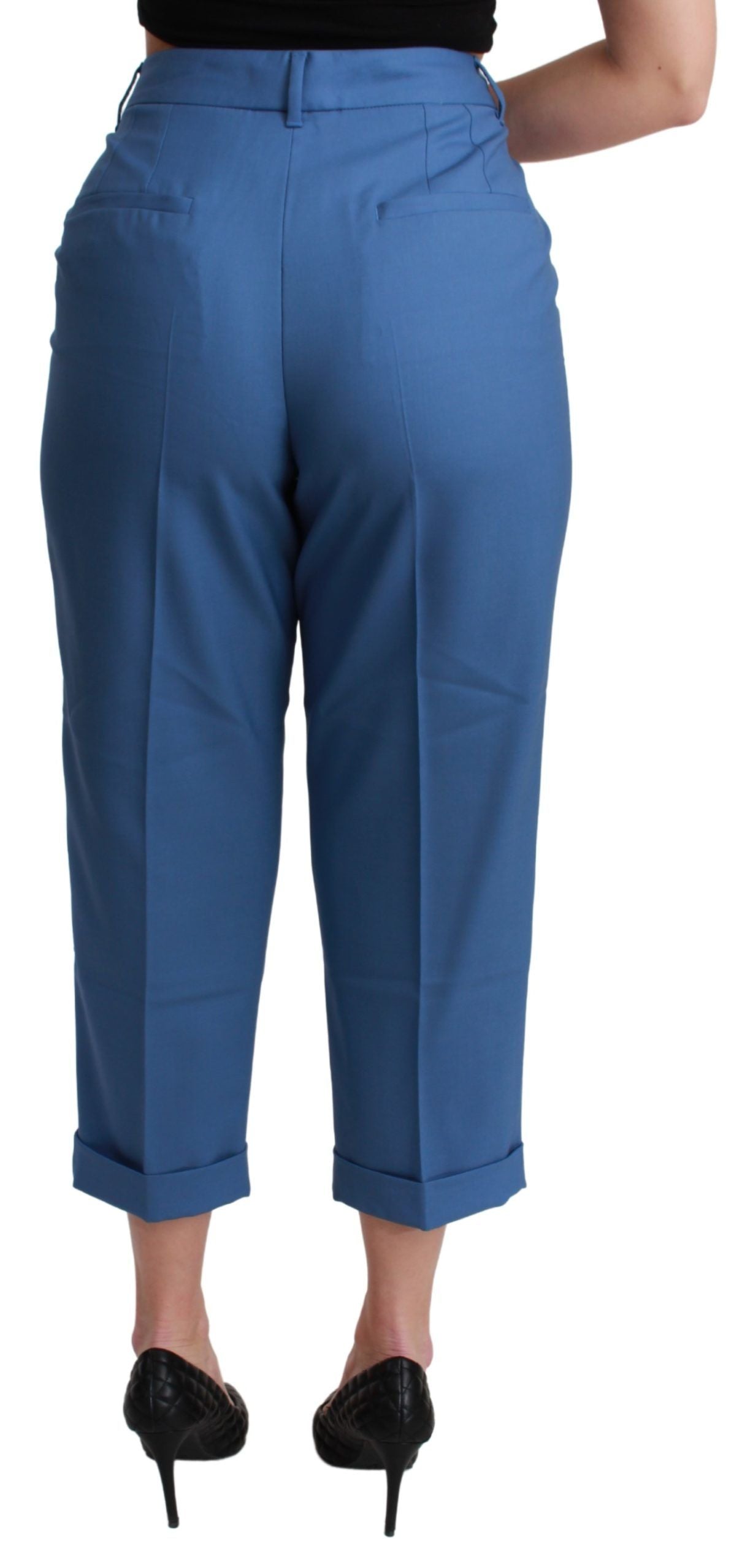 Blauwe geplooide wollen cropped broek met omslag