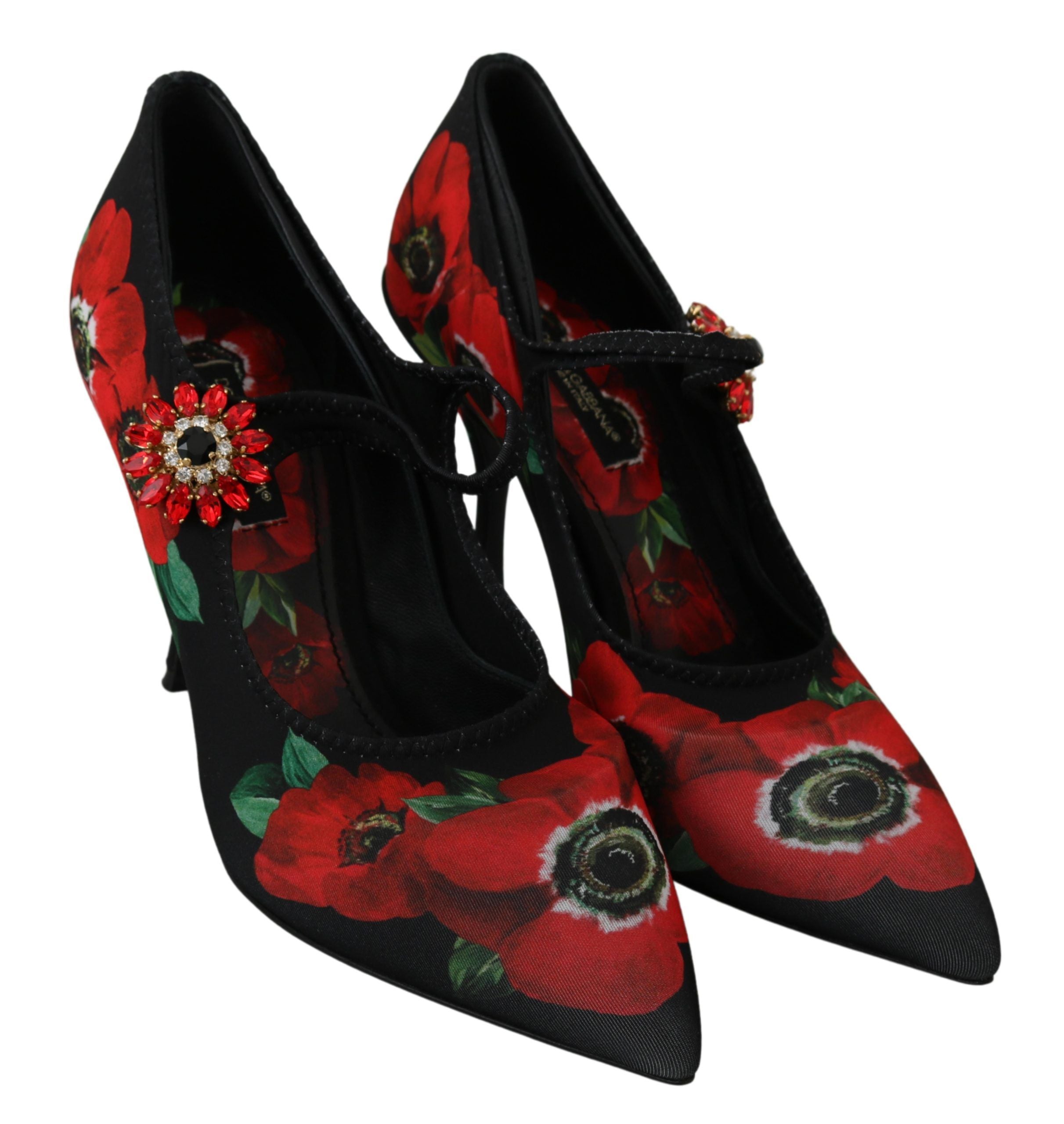Zwarte rode Mary Janes pumps met bloemenprint